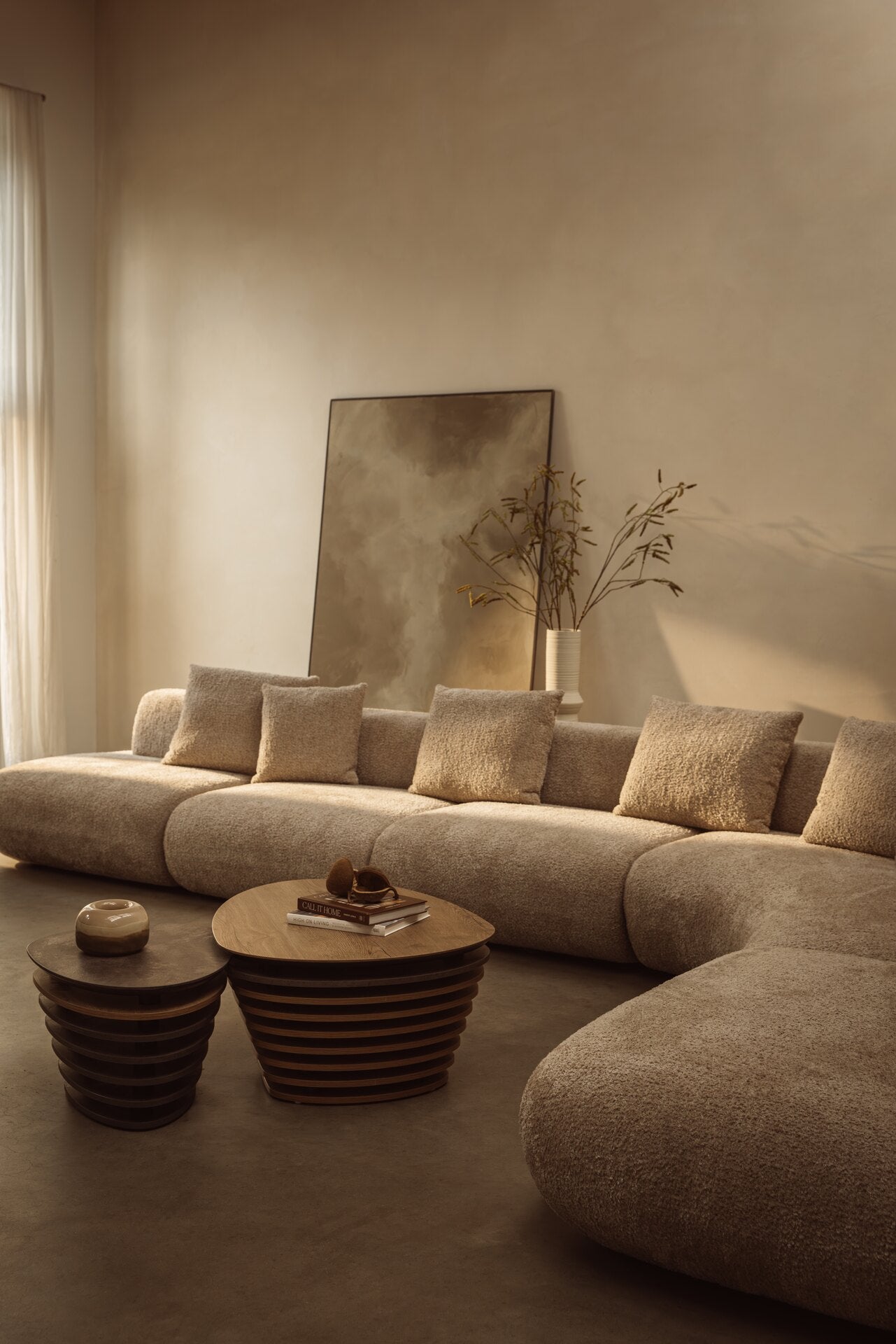 Modular corner sofa in soft bouclé fabric