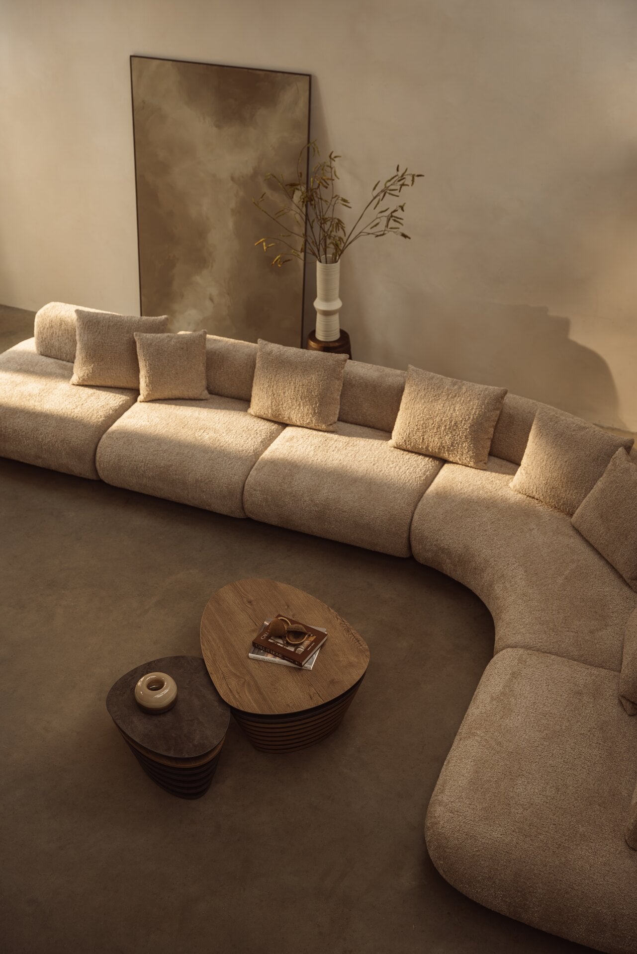 Modular corner sofa in soft bouclé fabric