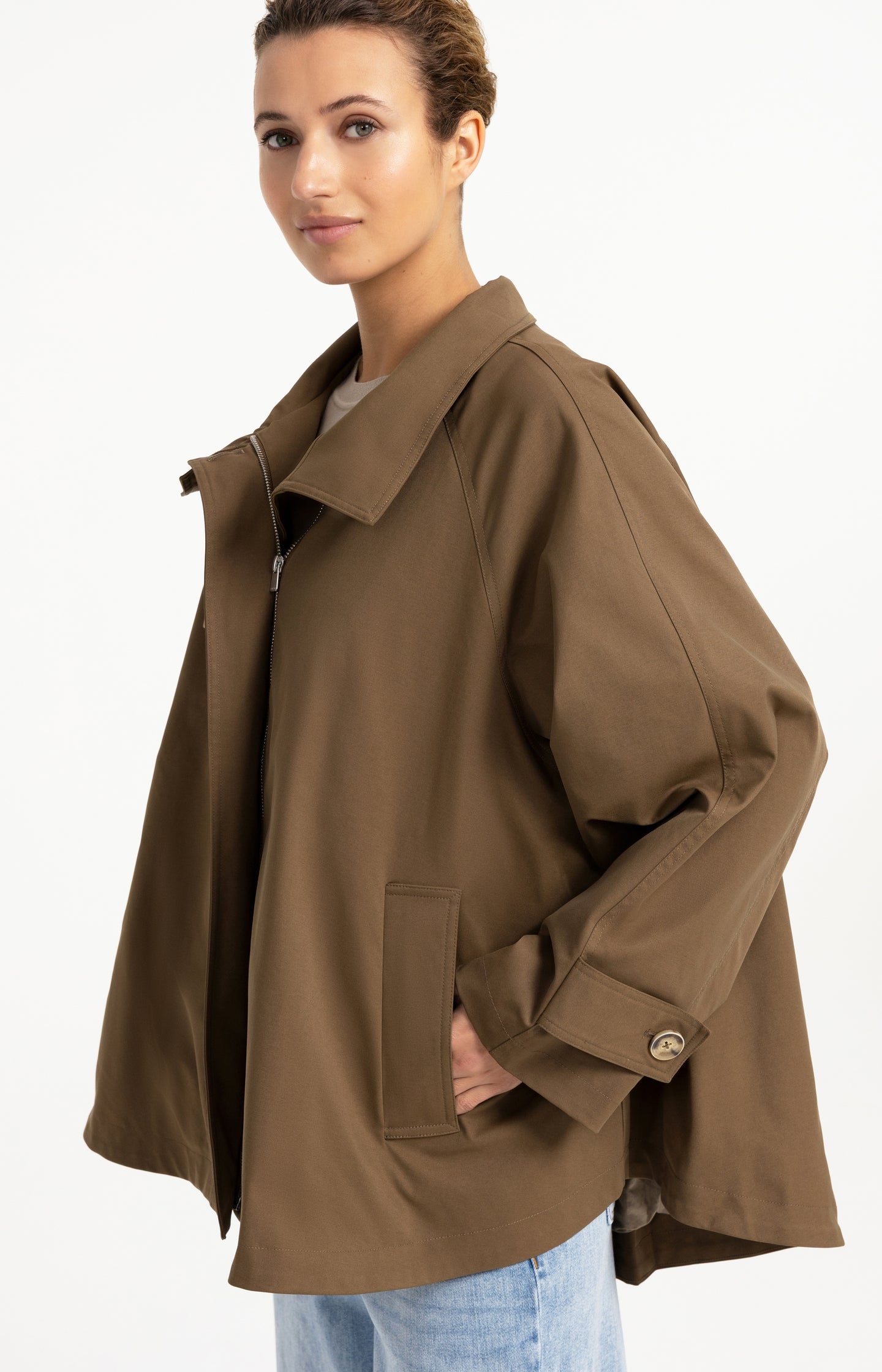 A-line trench jacket with stand collar