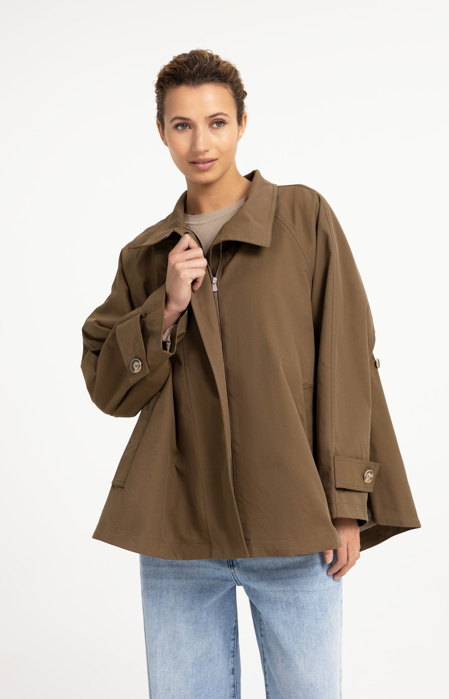 A-line trench jacket with stand collar