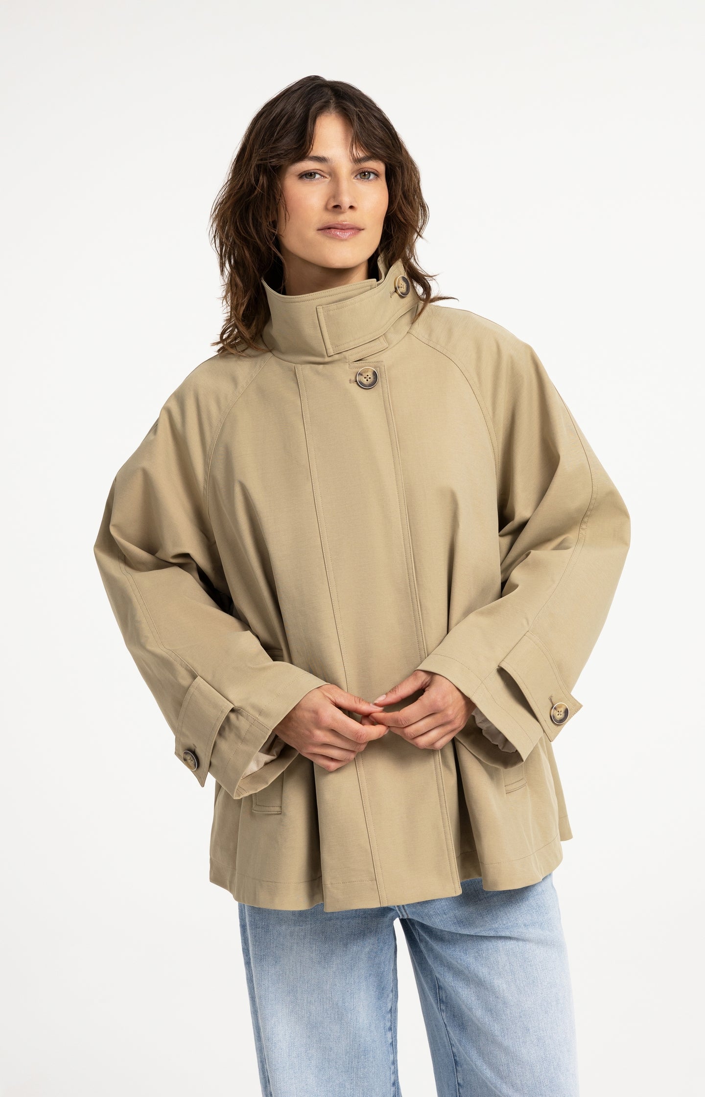A-line trench jacket with stand collar