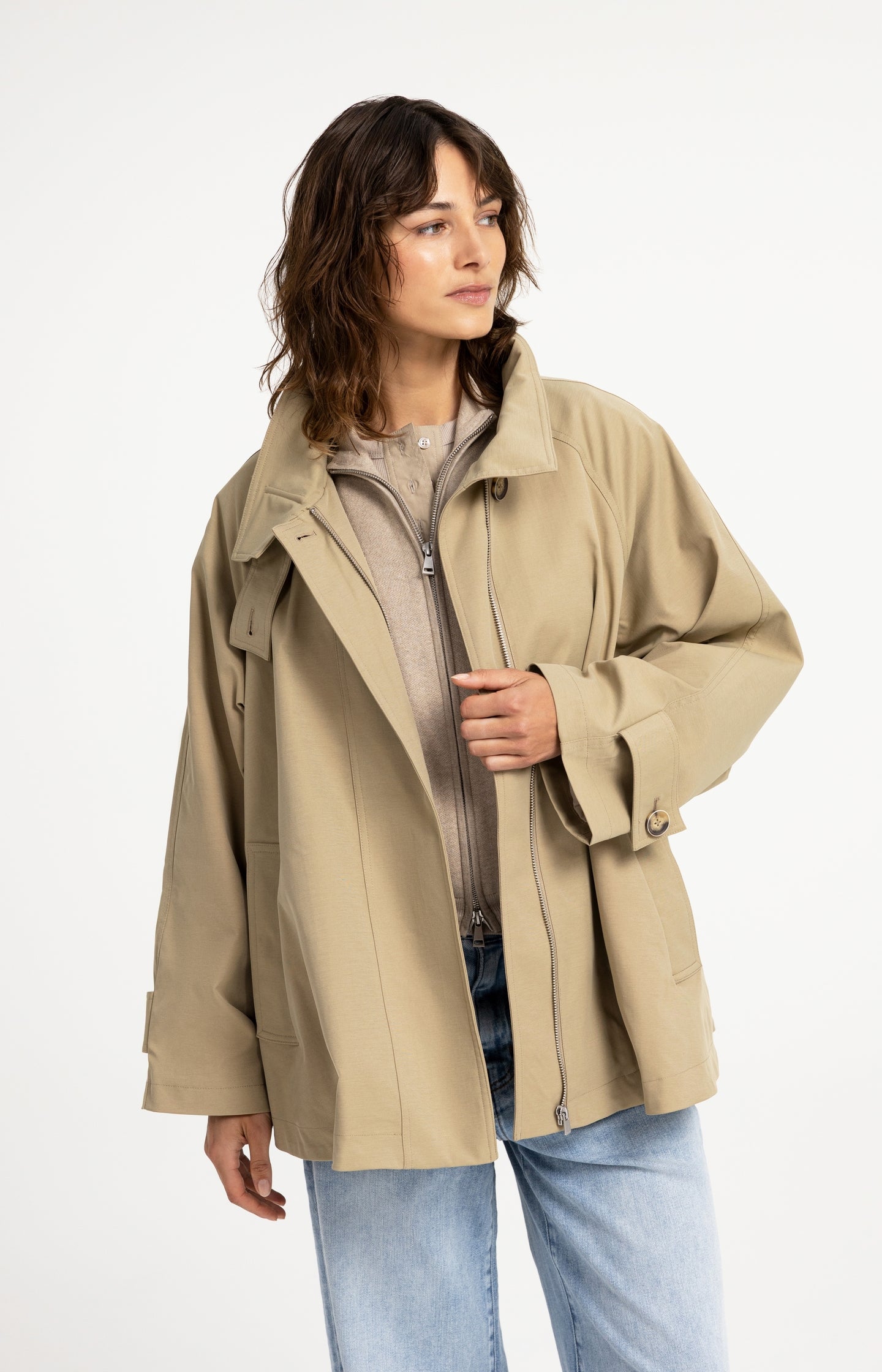 A-line trench jacket with stand collar