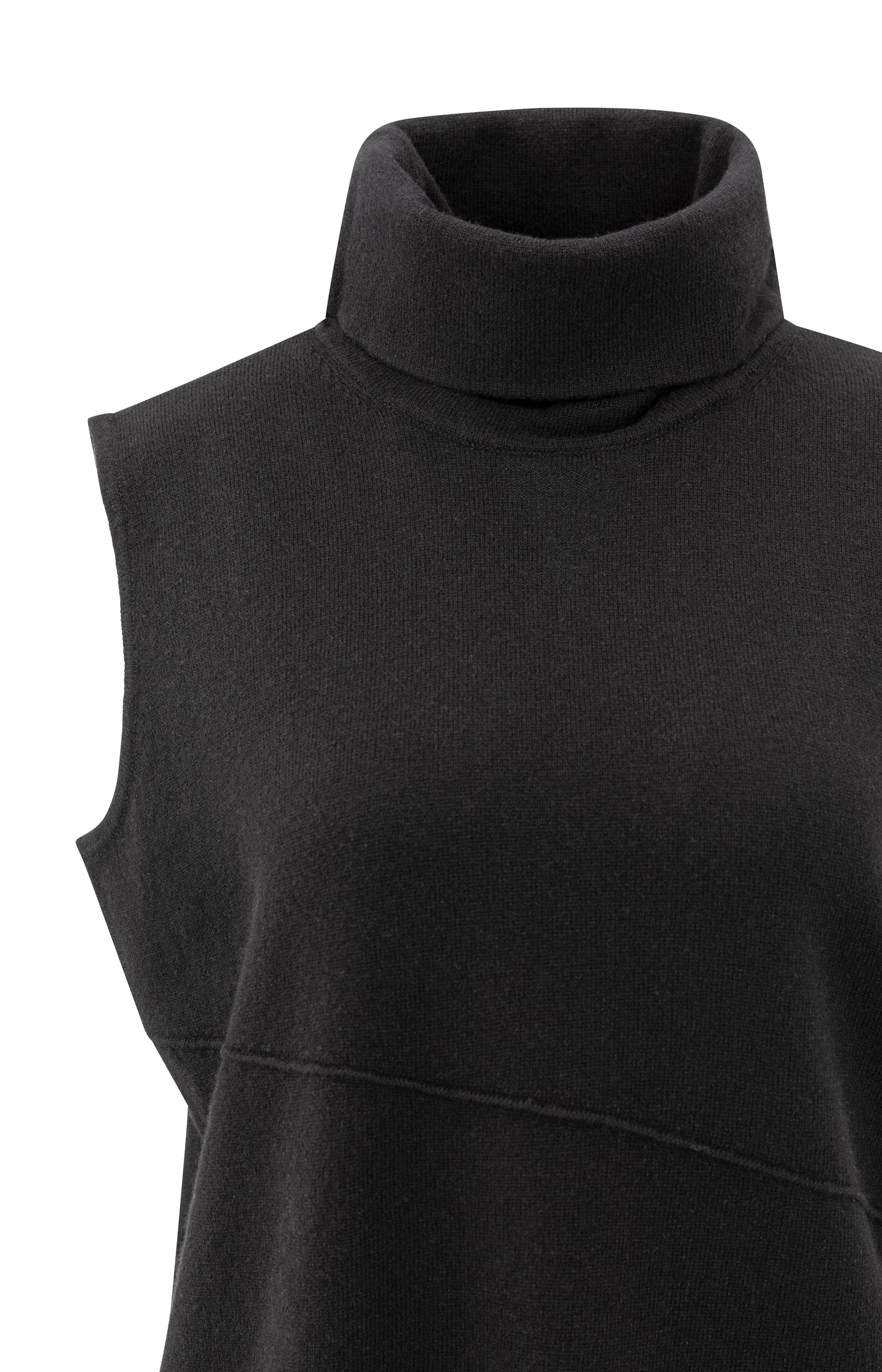 Asymmetric sleeveless sweater with turtleneck and seam