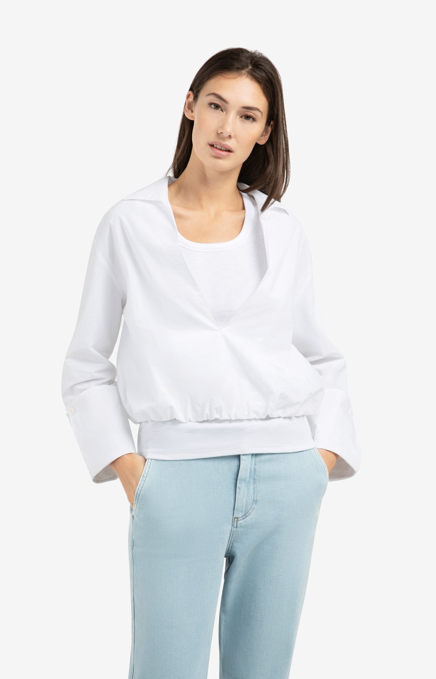 Balloon blouse with deep V-neck