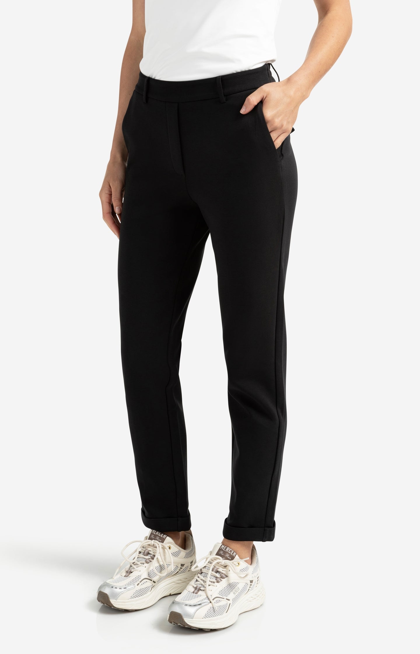 Black scuba trousers with straight legs and flap pockets