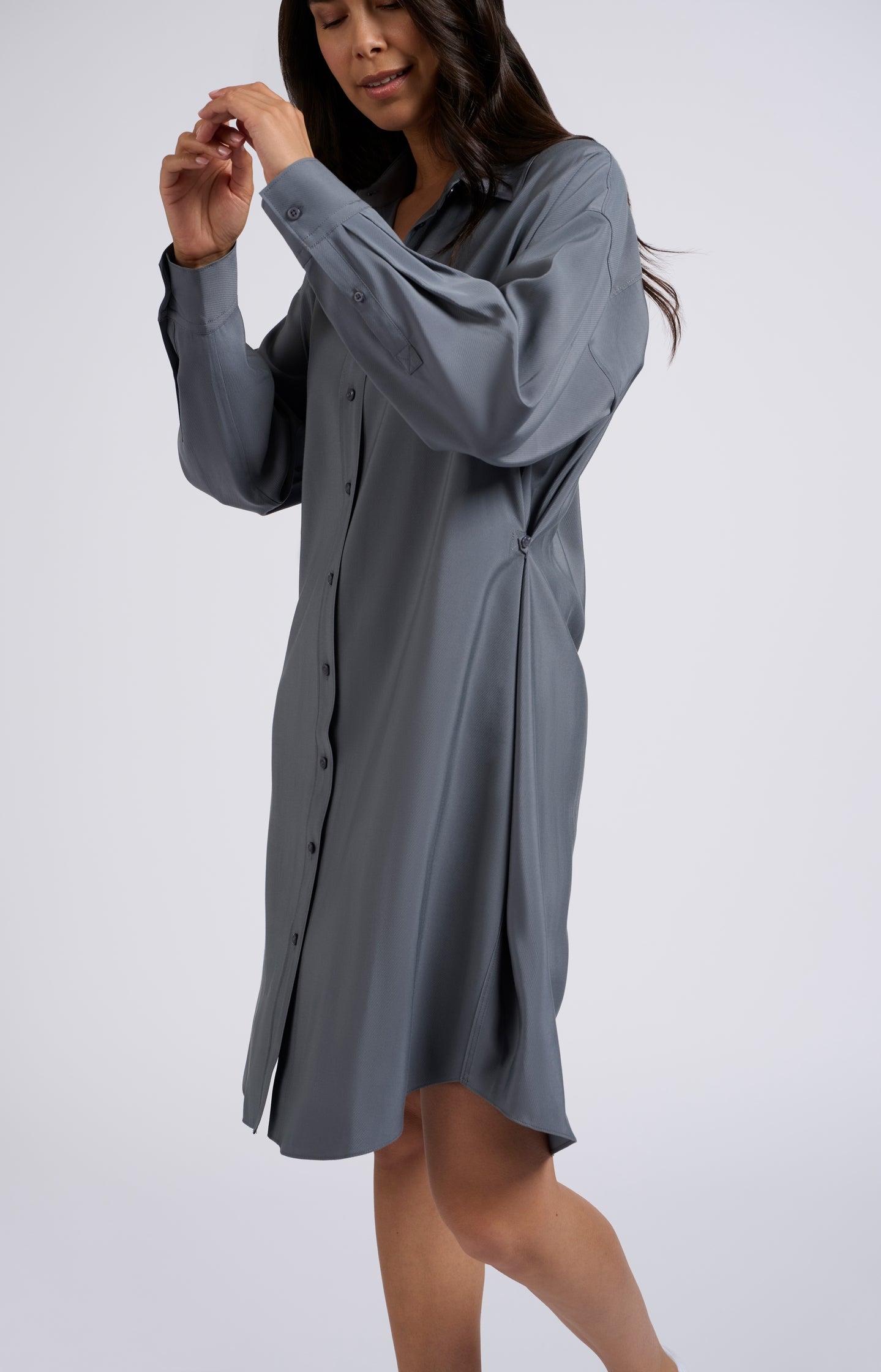 Blouse dress with long sleeves, buttons, and pleated details - Type: lookbook