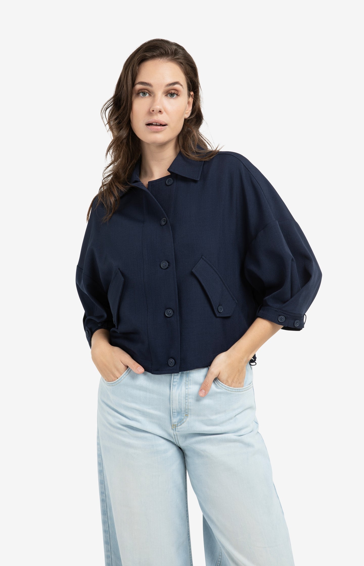 Blouse jacket with adjustable waistband and pockets