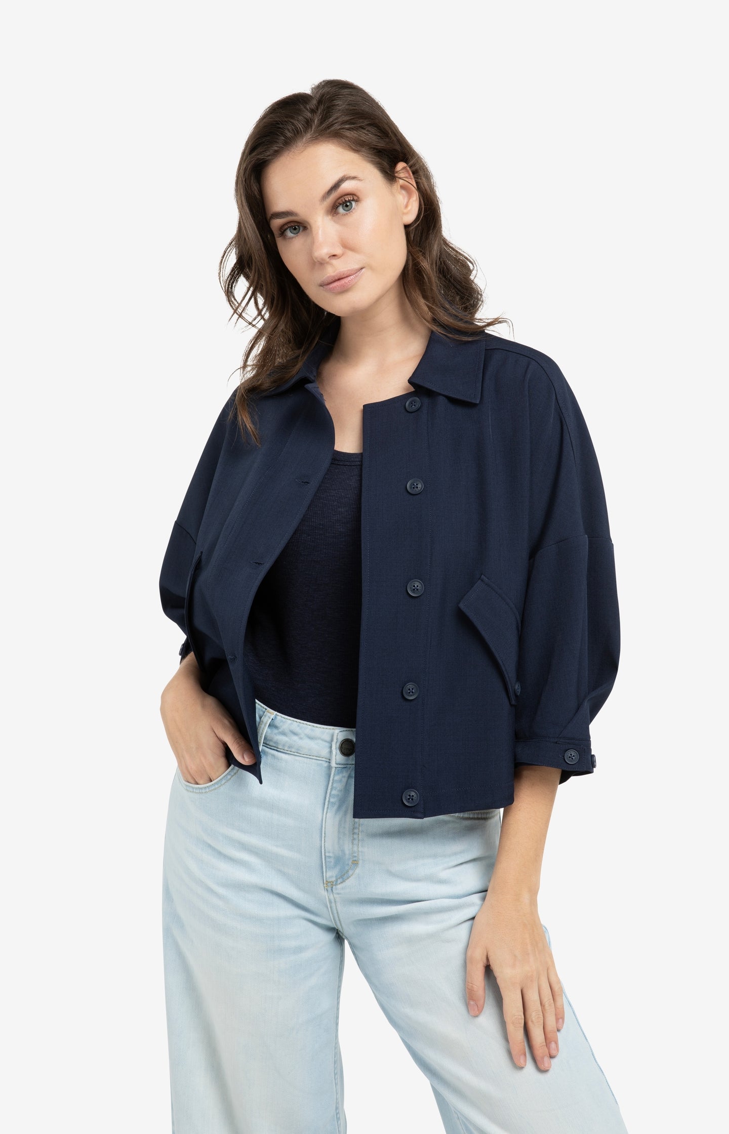 Blouse jacket with adjustable waistband and pockets