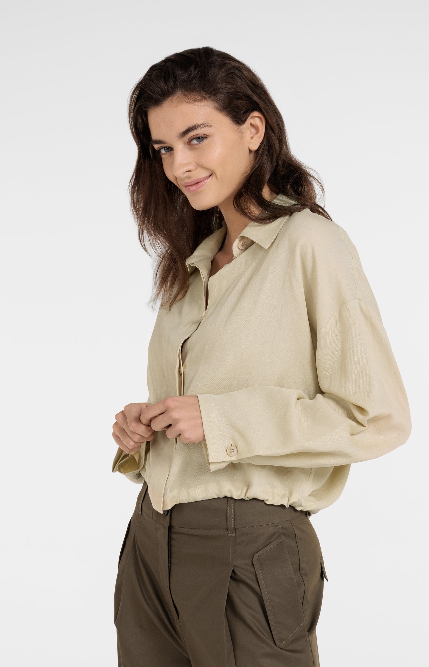Blouse jacket with drawstring and hidden buttons
