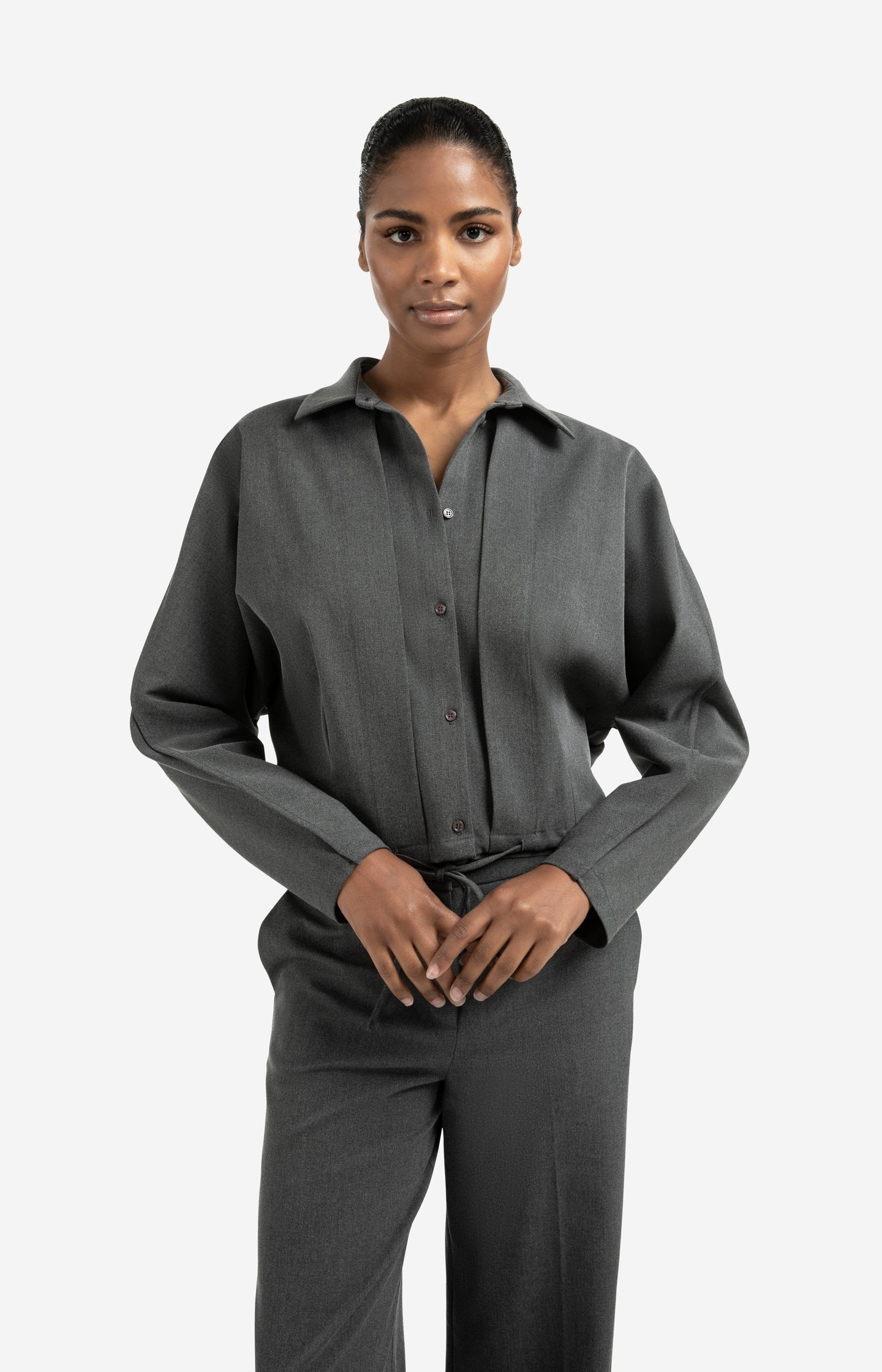 Blouse jacket with waist pleats and tie closure