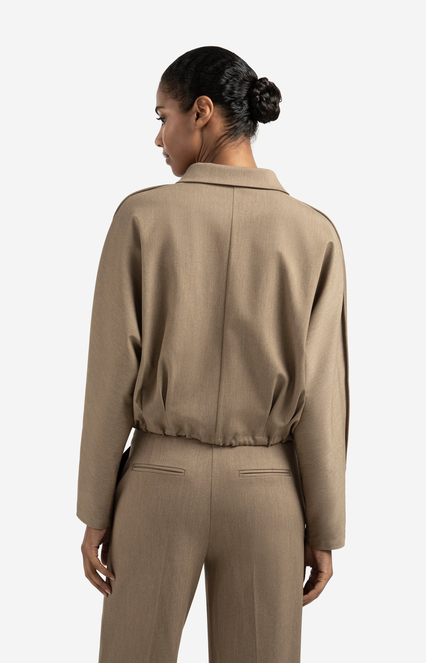Blouse jacket with waist pleats and tie closure