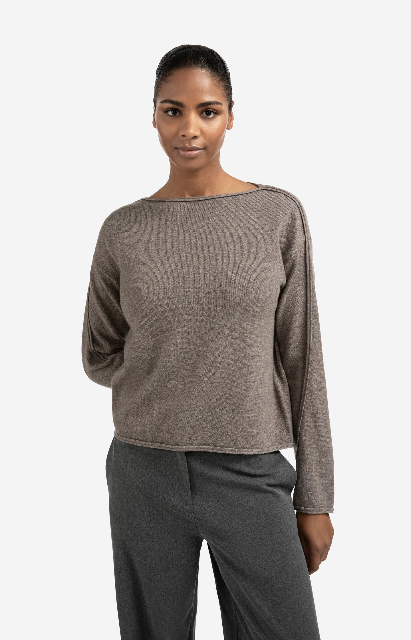 Boat neck sweater with refined decorative seams