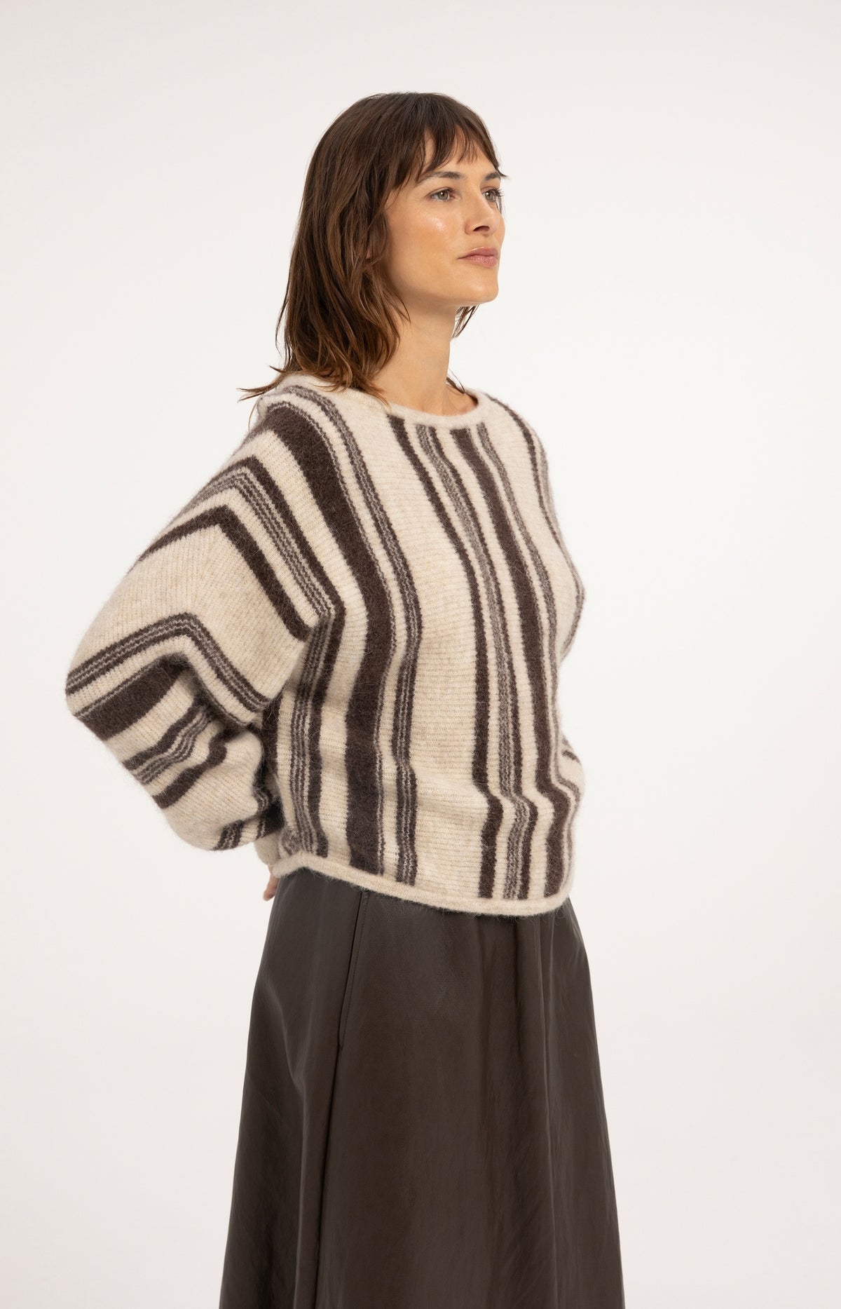 Gebreide trui met boothals en streeppatroon - Light Beige Dessin