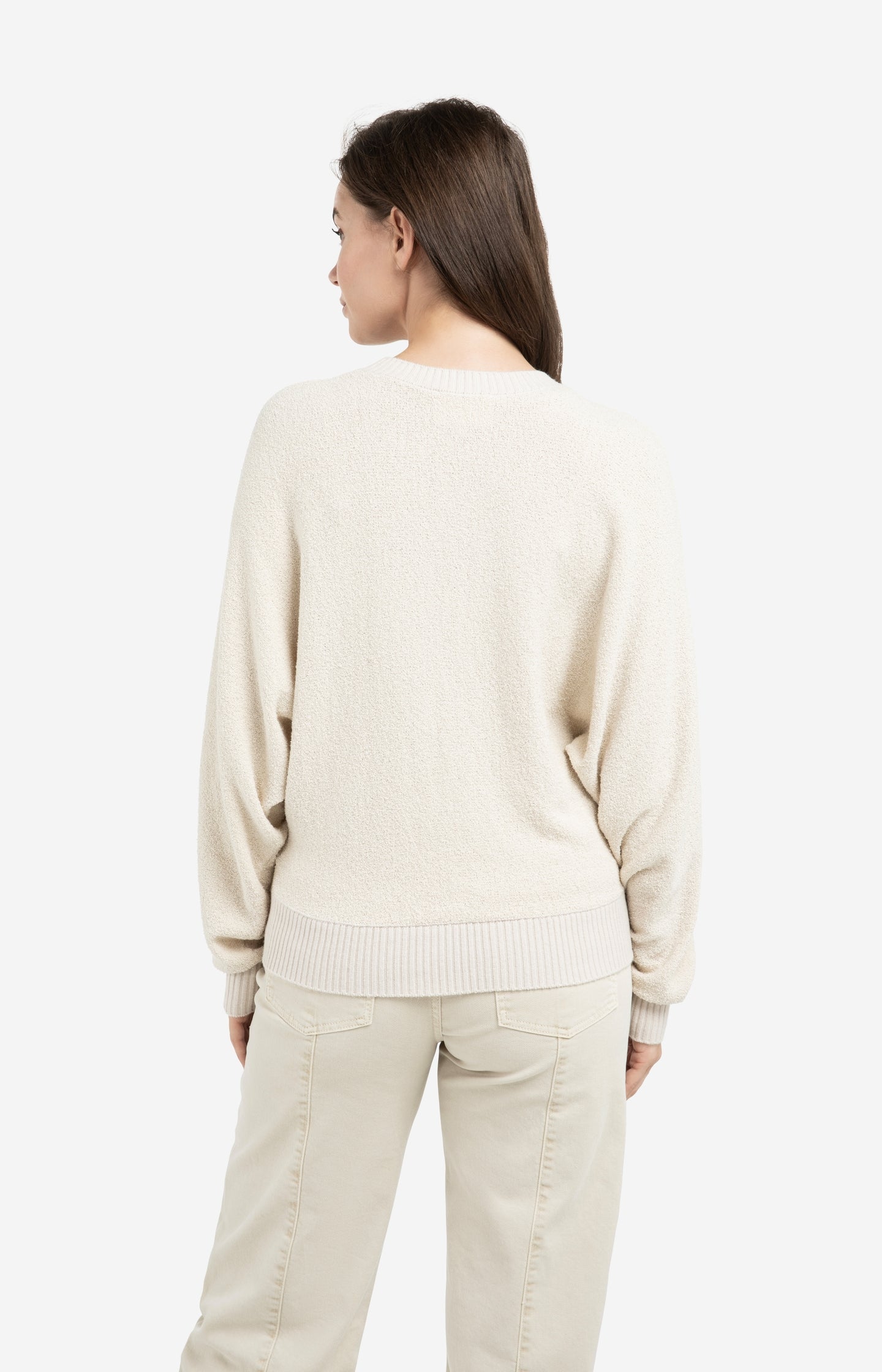 Bouclé sweater with batwing sleeves and ribbed trims