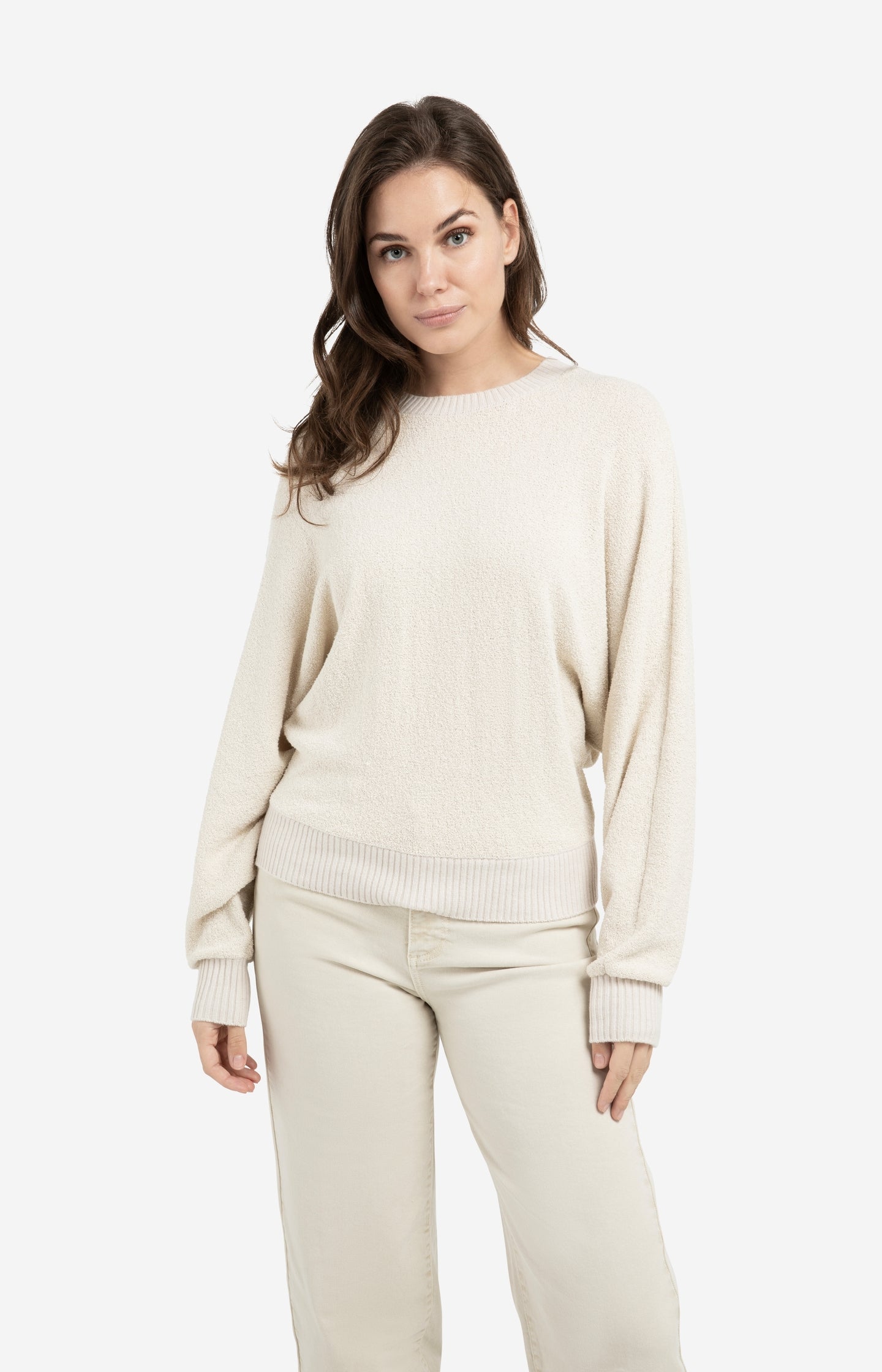 Bouclé sweater with batwing sleeves and ribbed trims