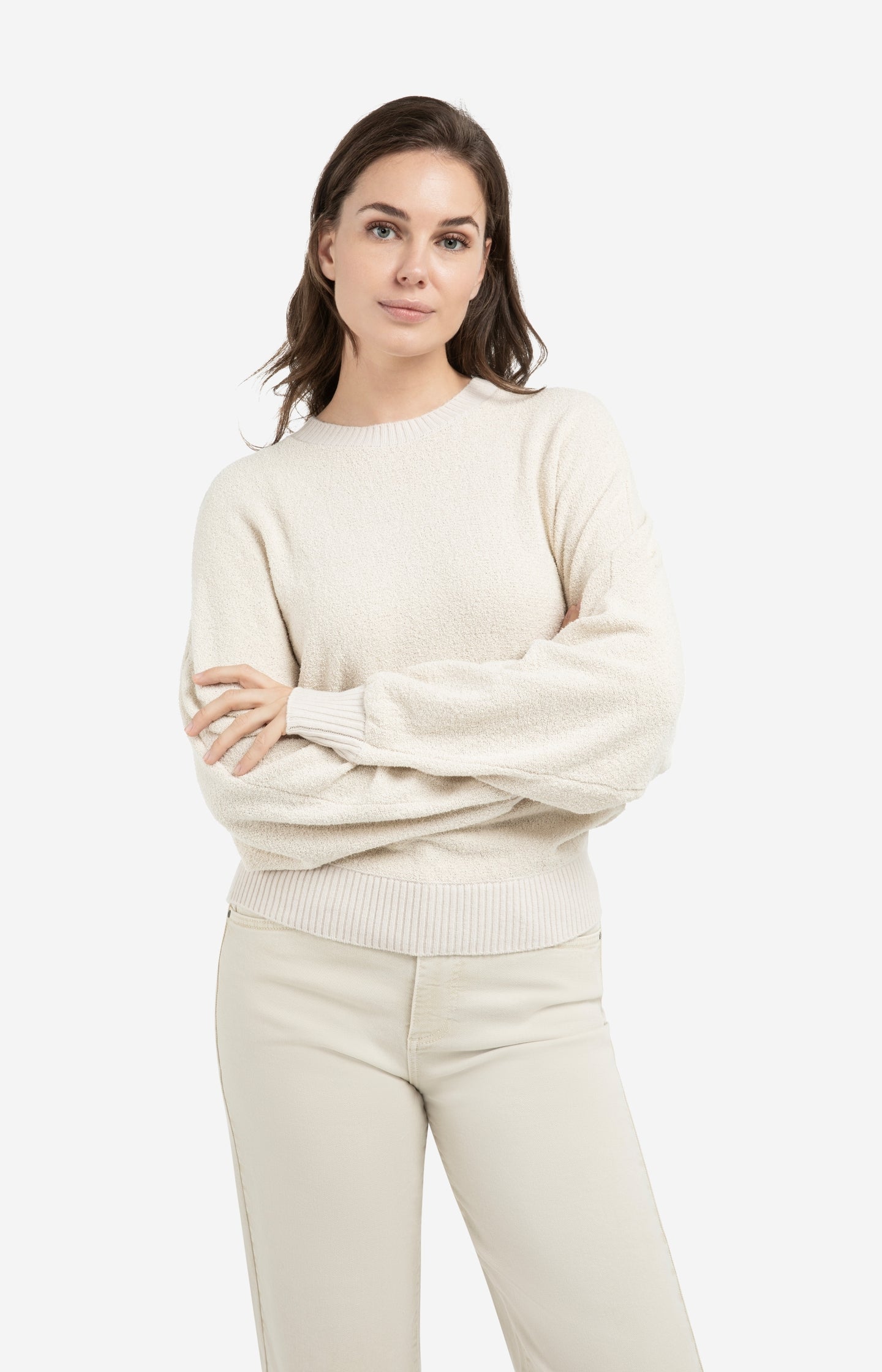 Bouclé sweater with batwing sleeves and ribbed trims