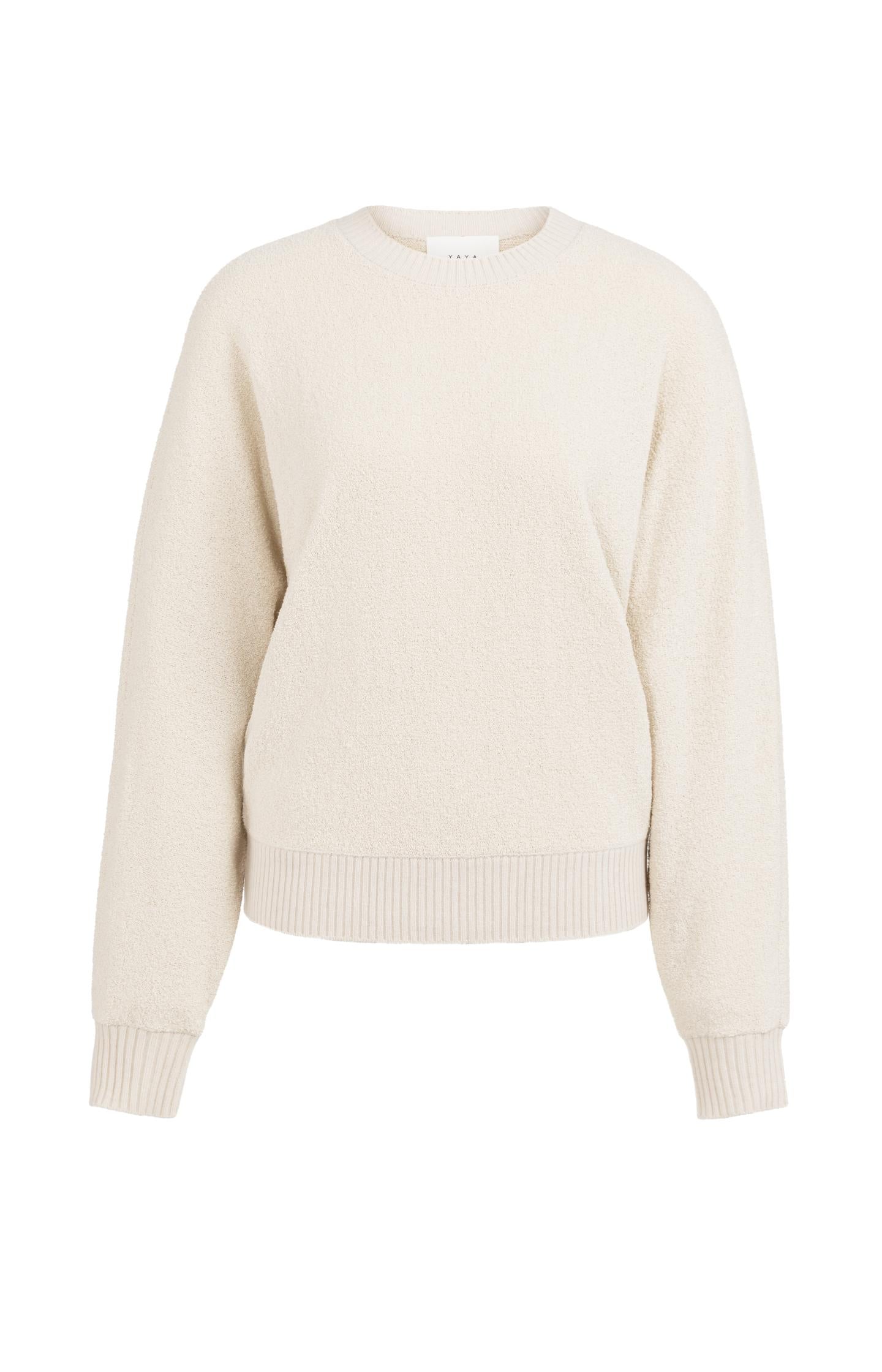 Bouclé sweater with batwing sleeves and ribbed trims