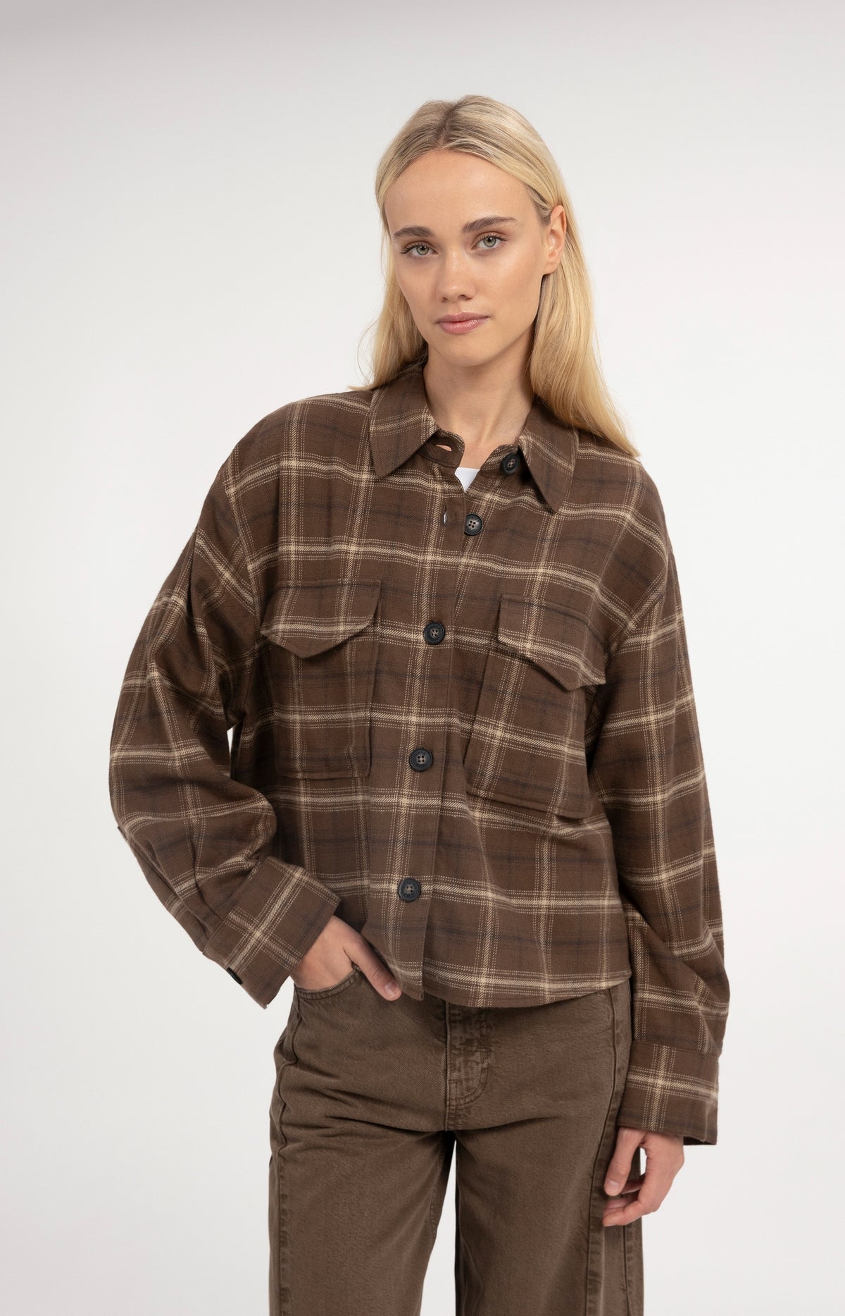 Checked flannel blouse - Brown