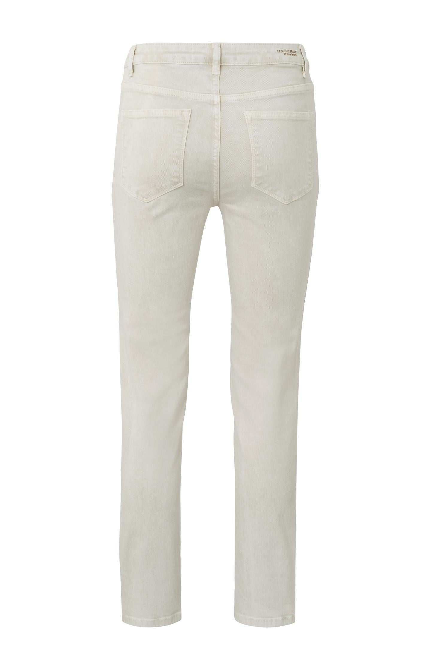 Colored denim with straight leg 4 pocket style and zip fly