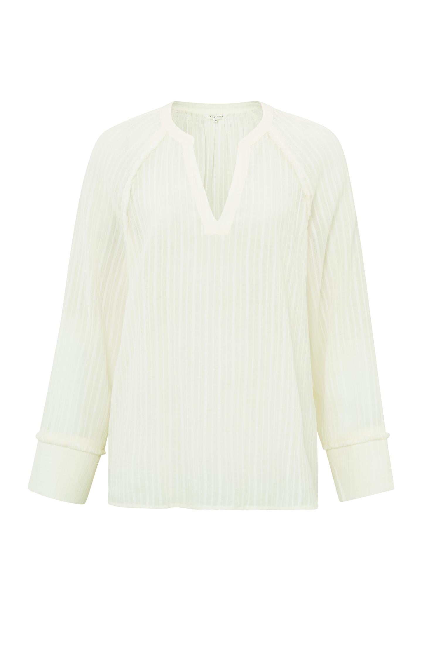Cotton top with V-neck, long sleeves and fringe details - Ivory White - Type: product