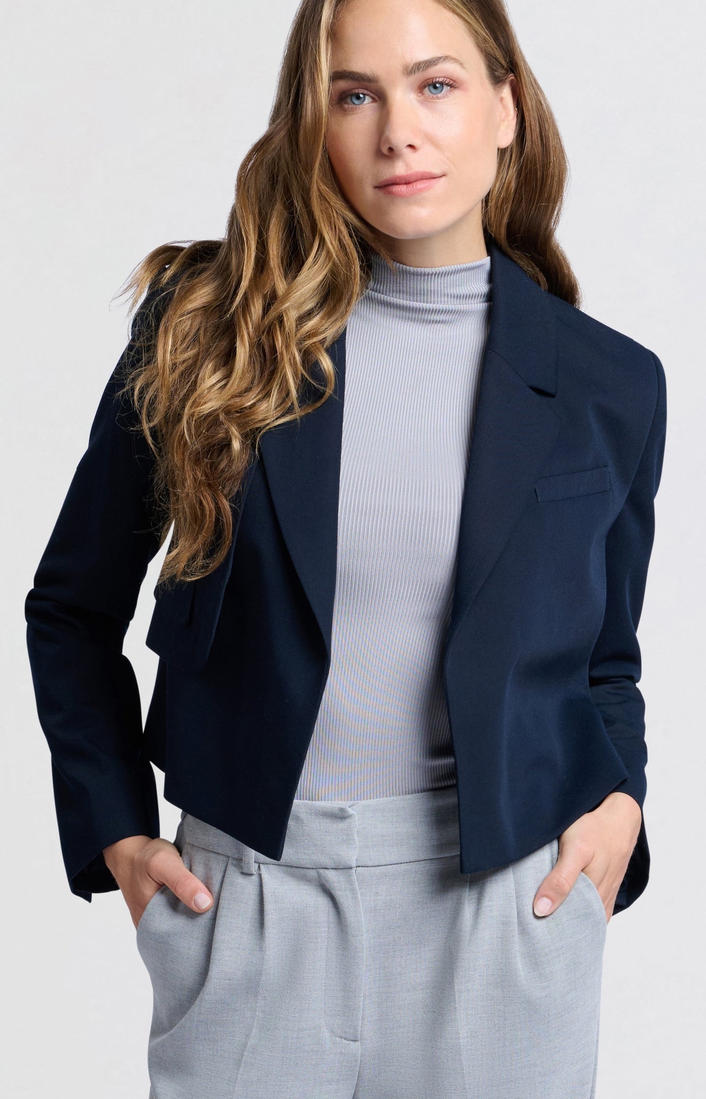 Dark blue woven cropped blazer with unique pocket detail - Type: lookbook