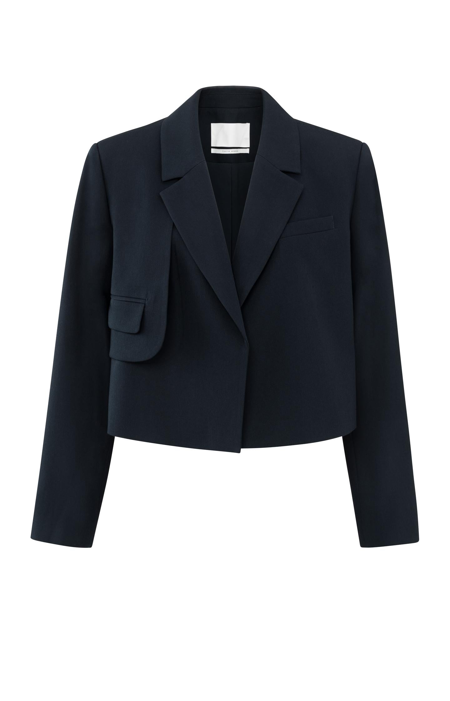Dark blue woven cropped blazer with unique pocket detail - Type: product