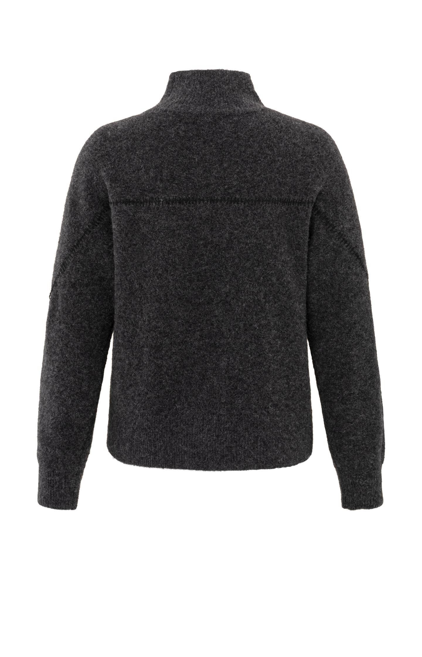 Dark grey sweater with subtle seam detail and high collar
