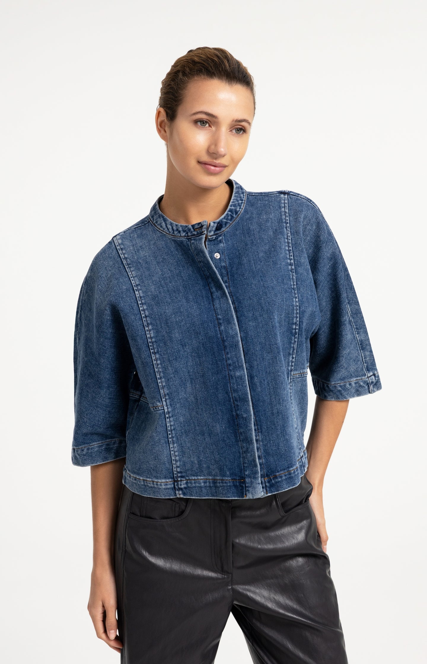 Denim blouse with short sleeves