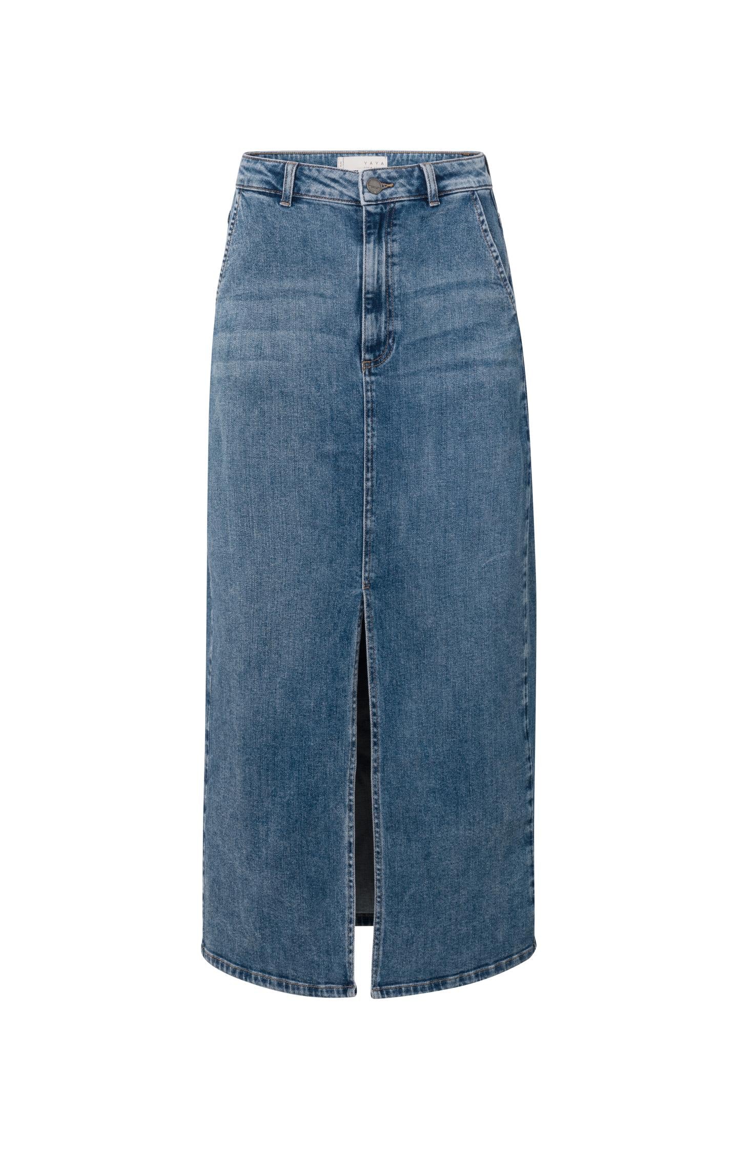 Denim maxi skirt with side pockets, slit and zip fly - Type: product