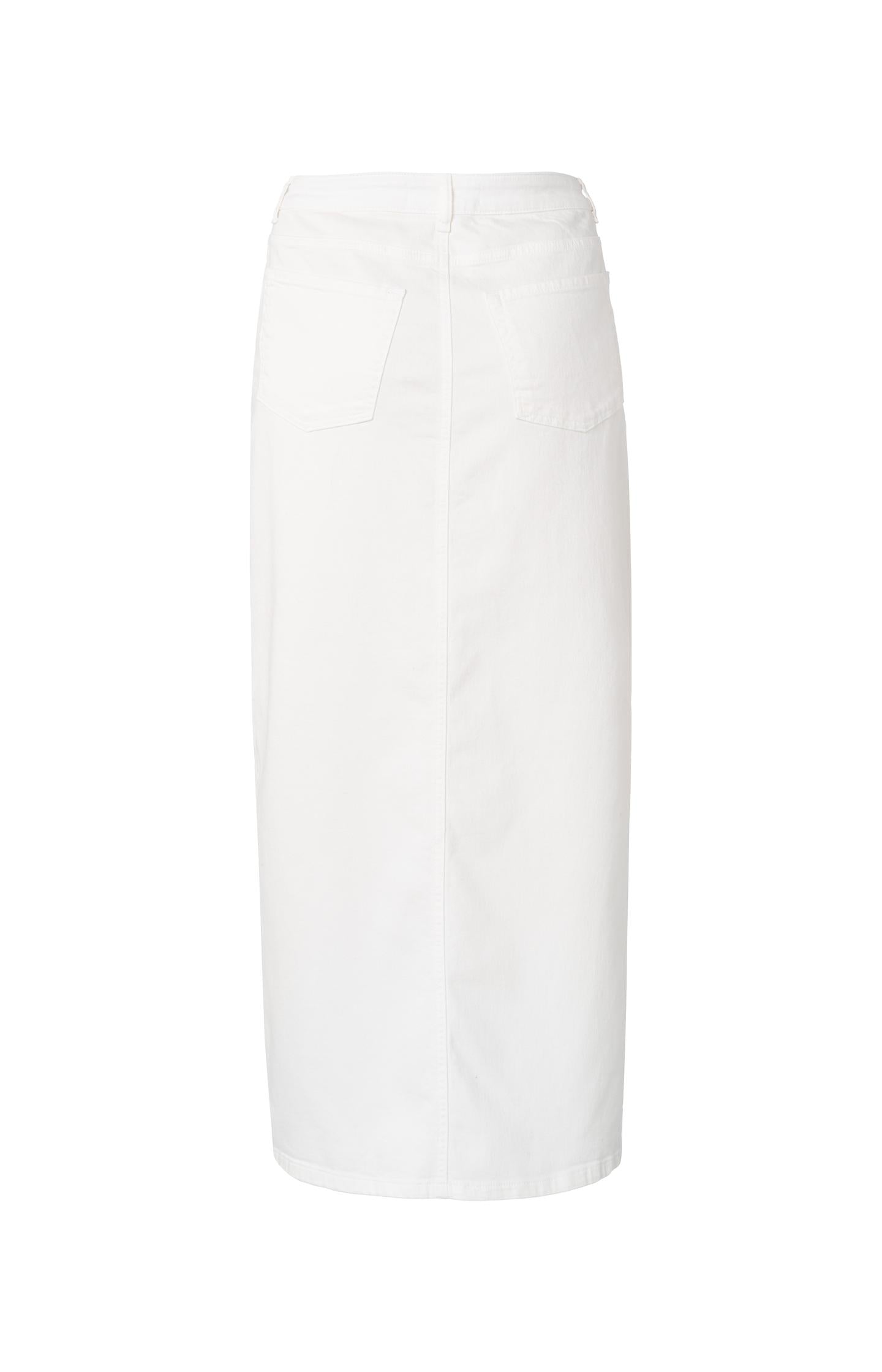 Denim maxi skirt with side pockets, slit and zip fly