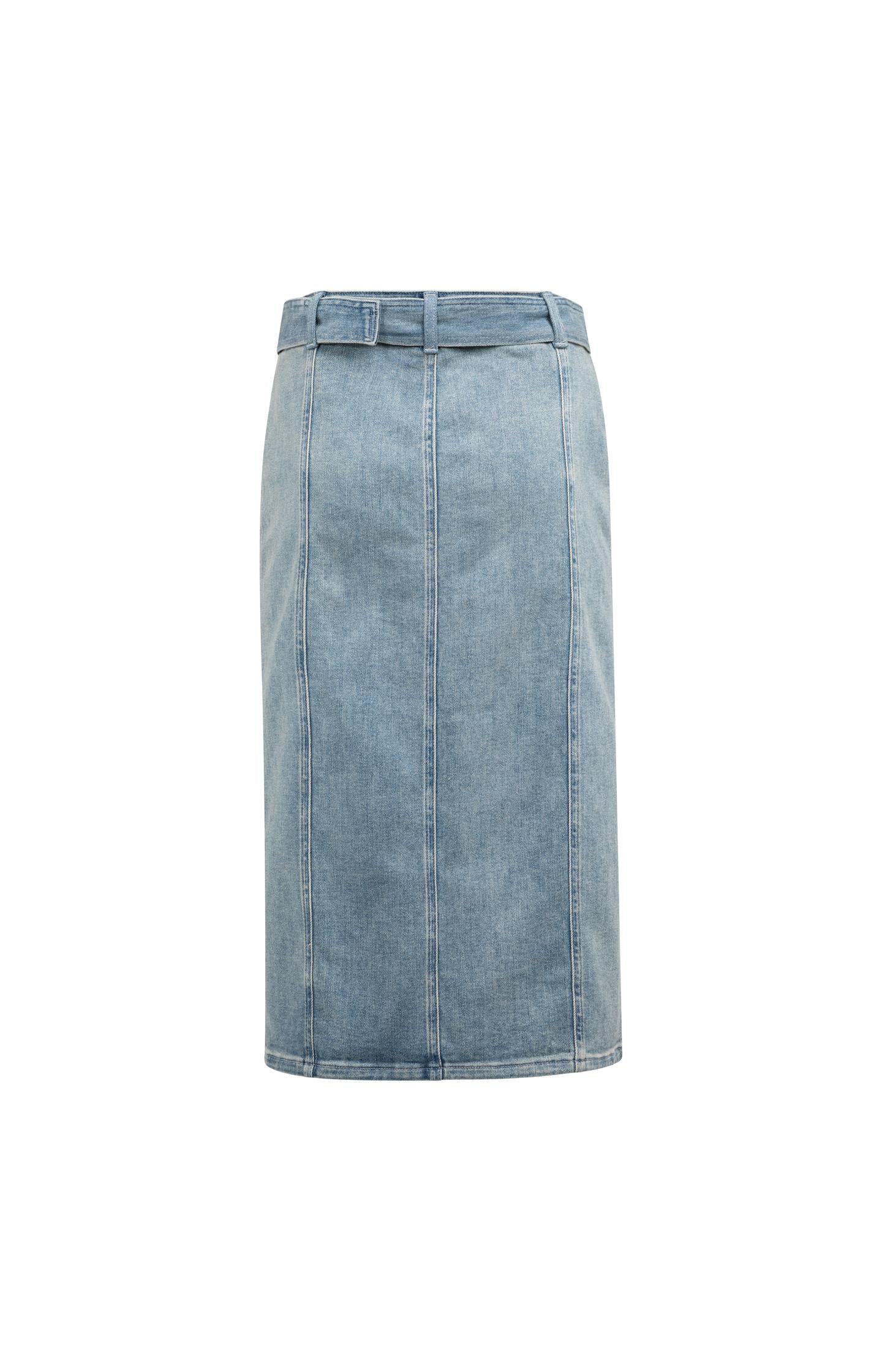 Denim midi skirt with belt and slit