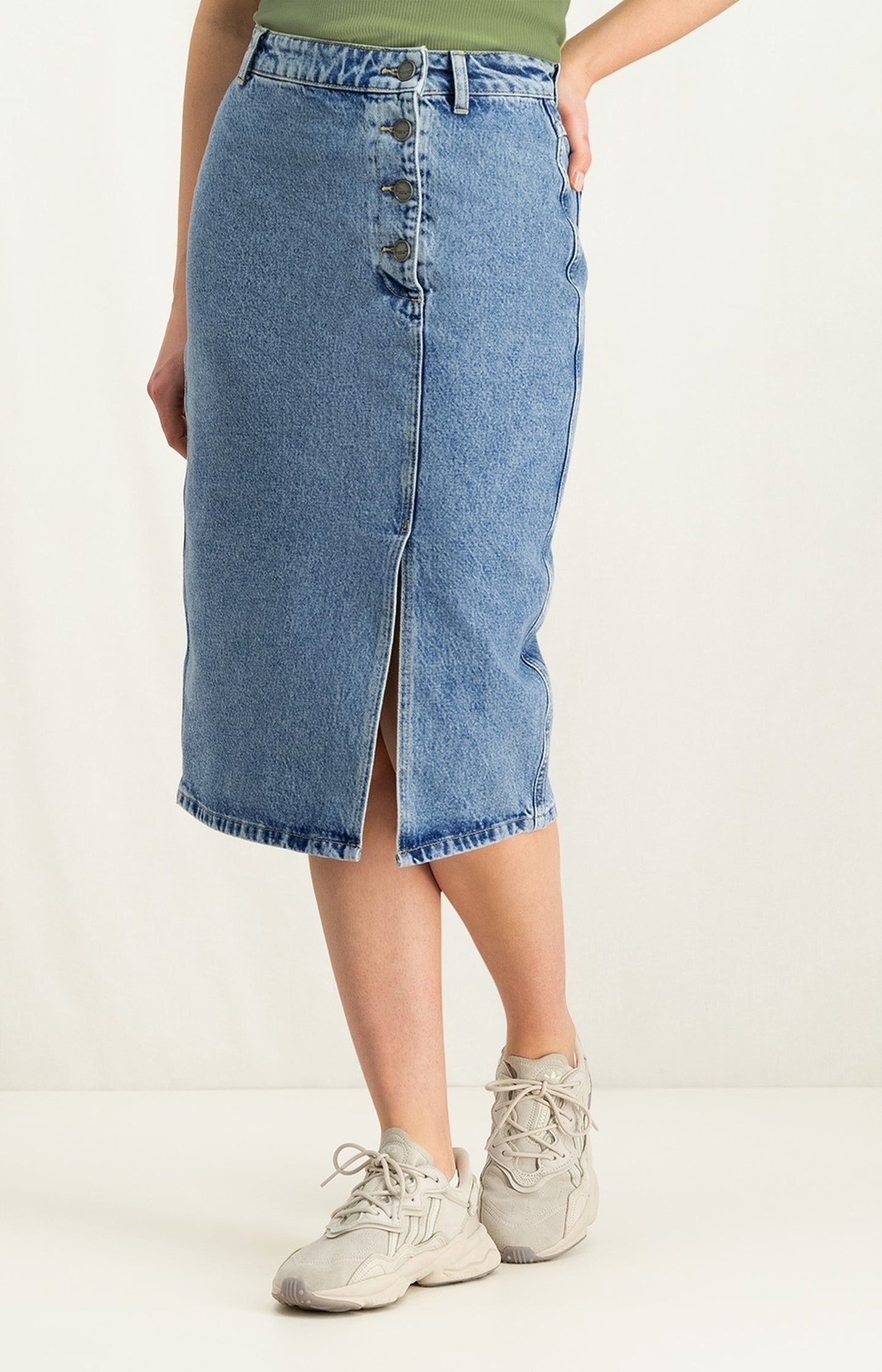 Denim midi skirt with buttons and slit in cotton - Blue Denim - Type: lookbook