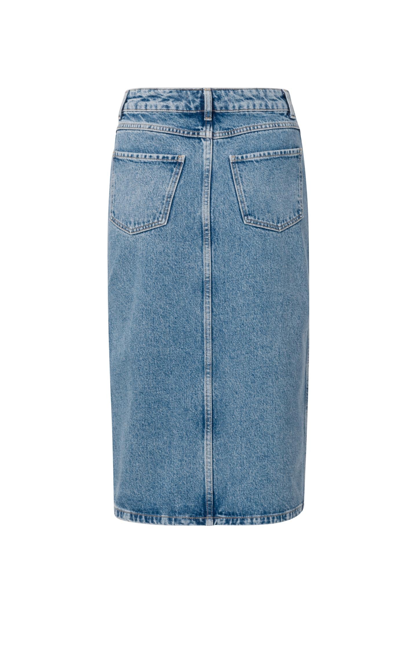 Denim midi skirt with buttons and slit in cotton - Blue Denim