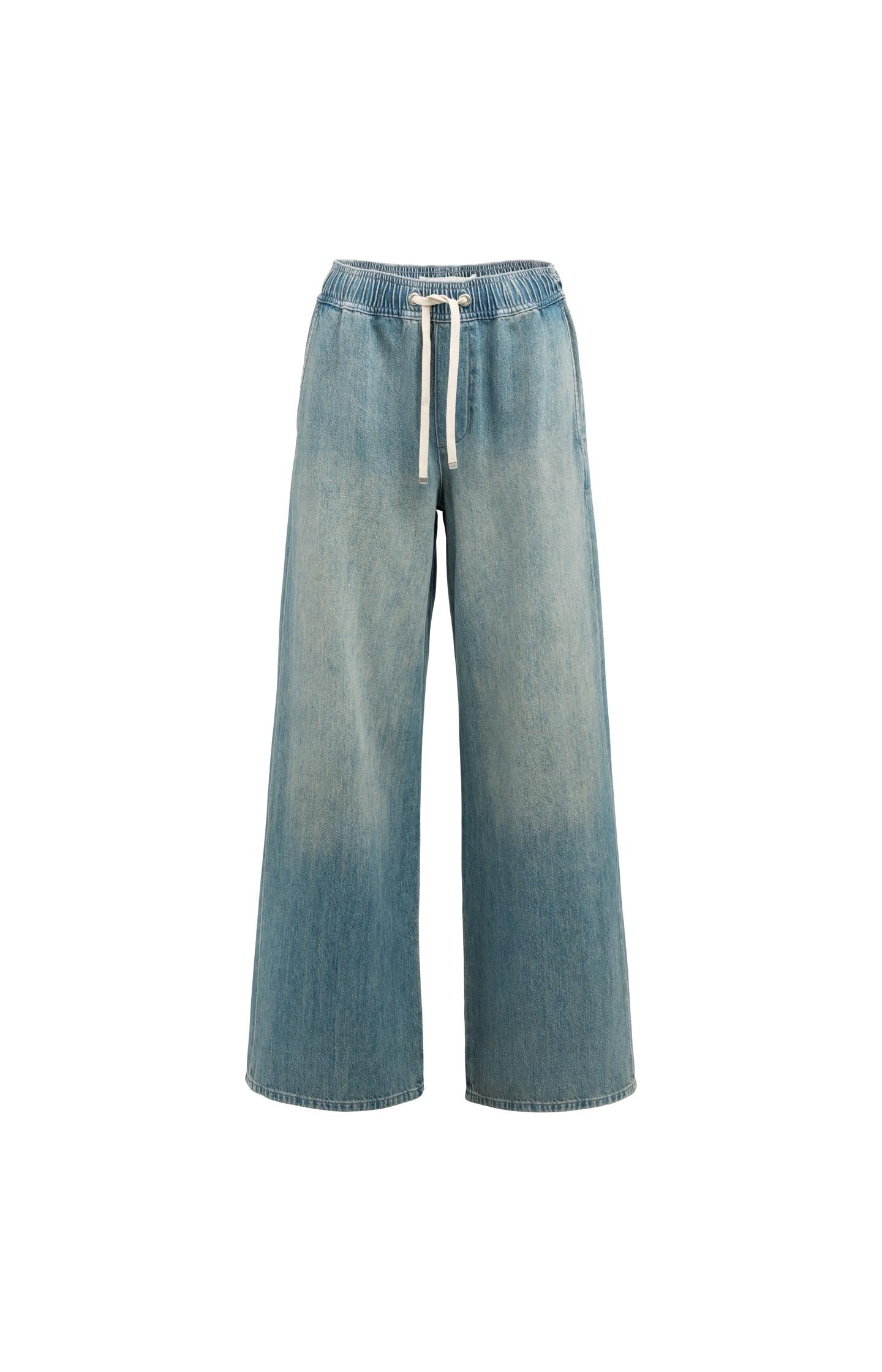 Denim trousers with wide legs and drawstring - Type: video