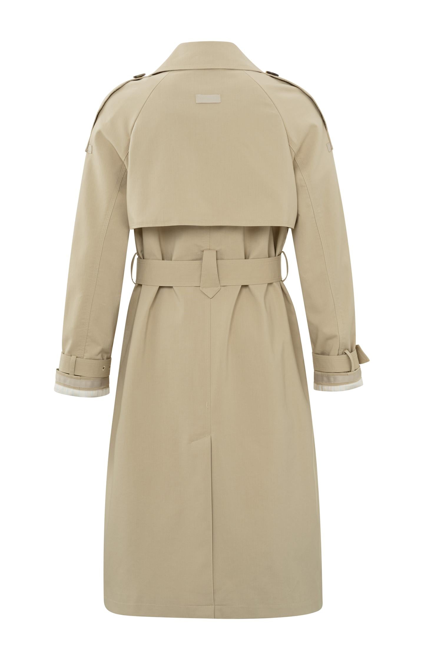 Double breasted trench coat with long sleeves, pockets and belt