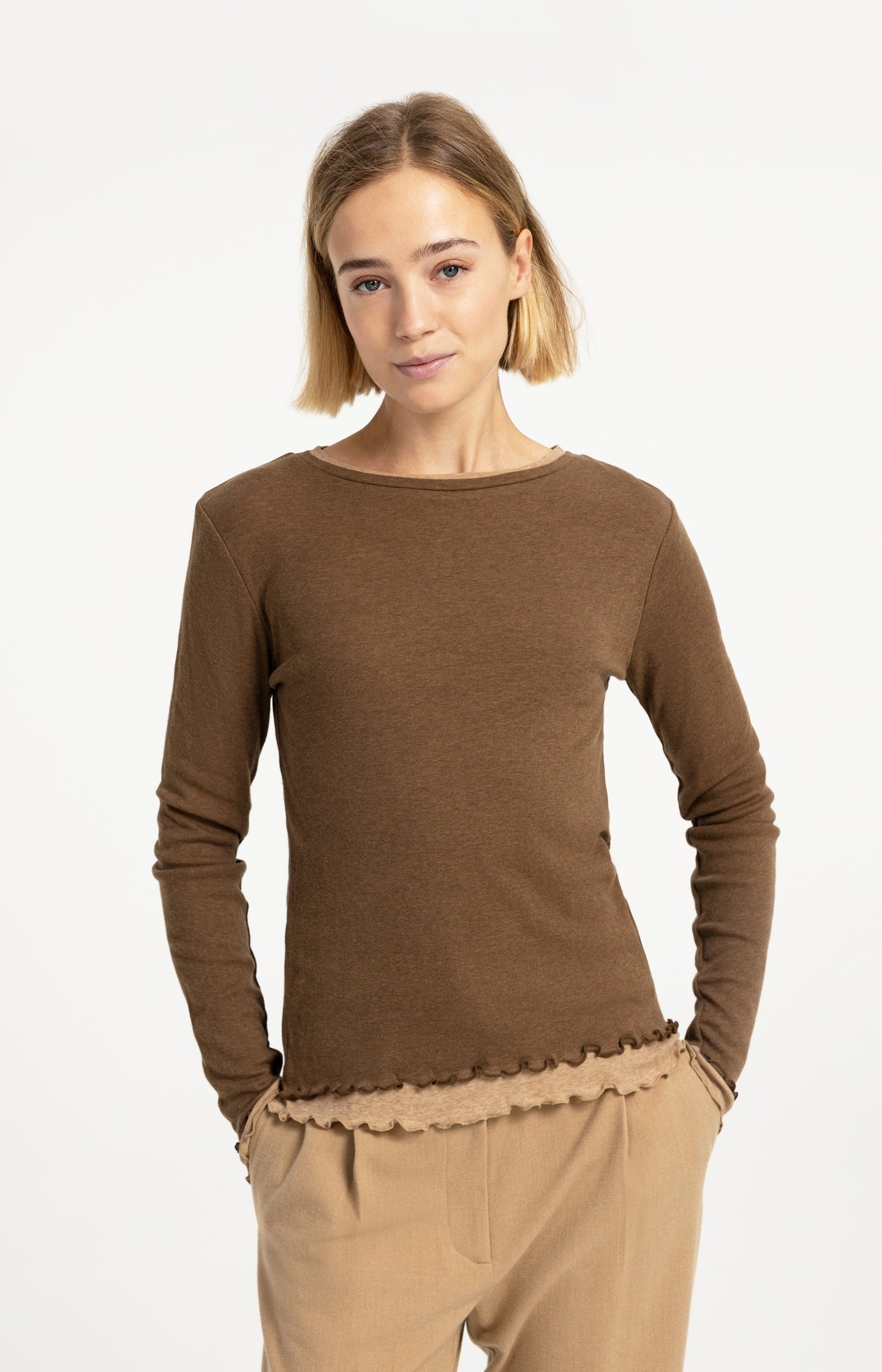 Double layer top with ruffles and long sleeves