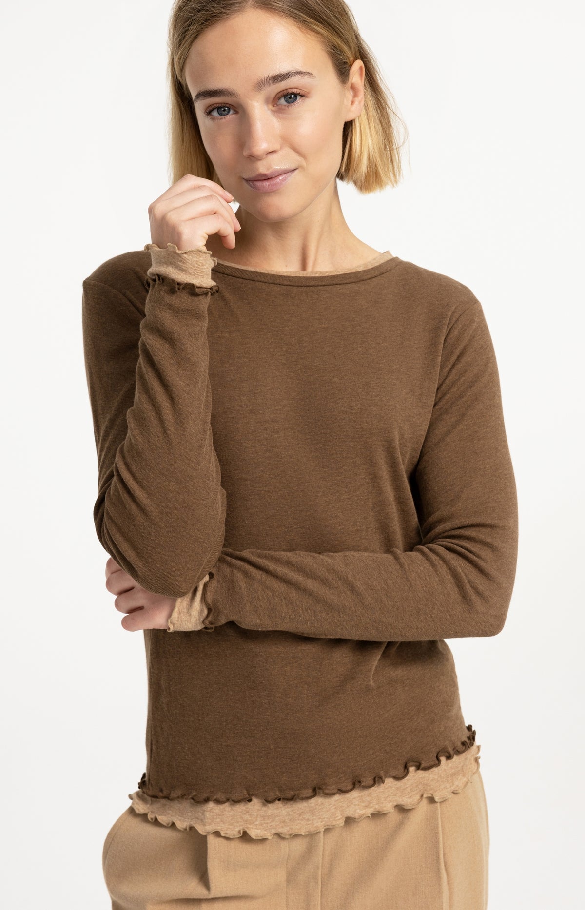 Double layer top with ruffles and long sleeves