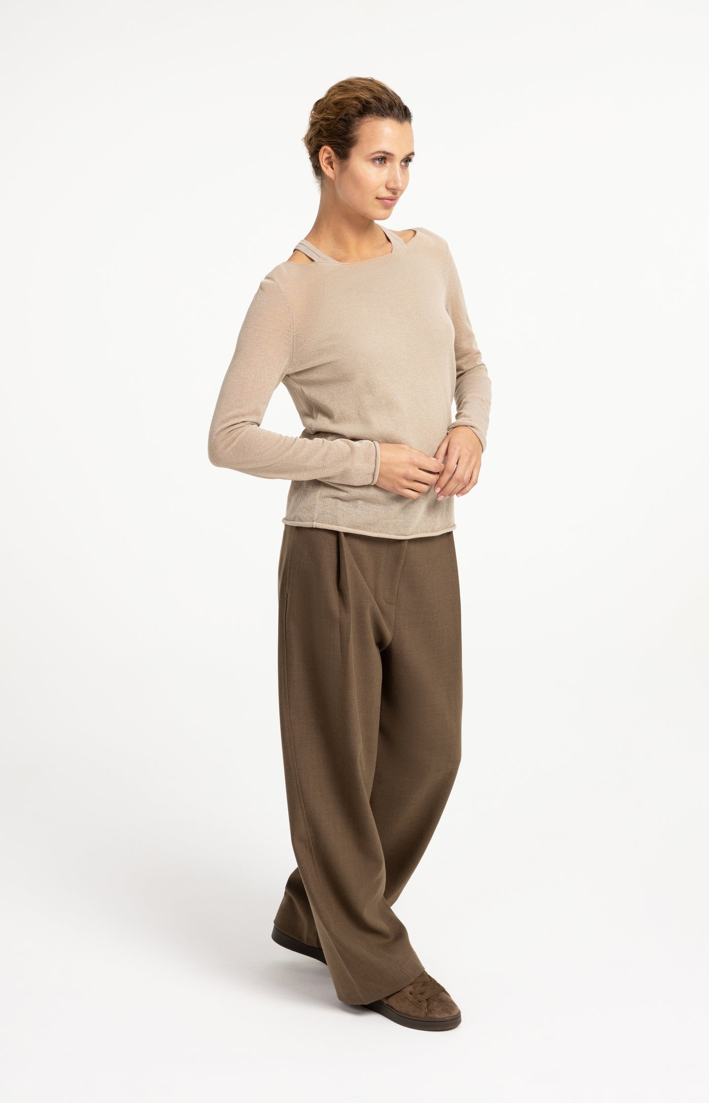 Double-layered fine-knit top with long sleeves
