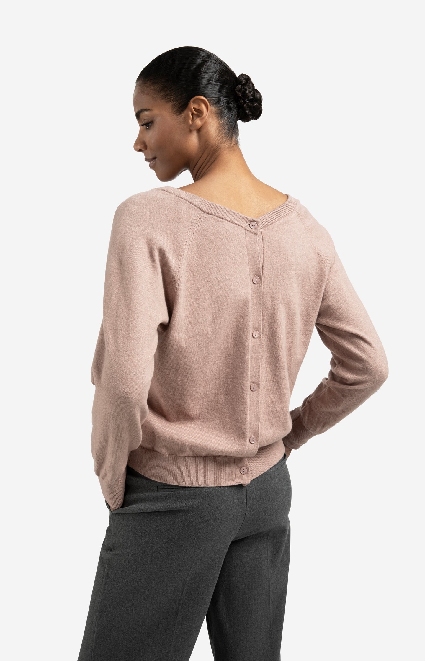 Double V-neck sweater with back button detail