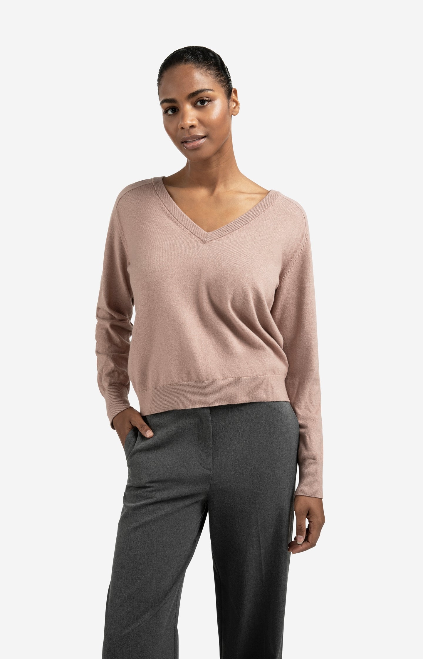 Double V-neck sweater with back button detail