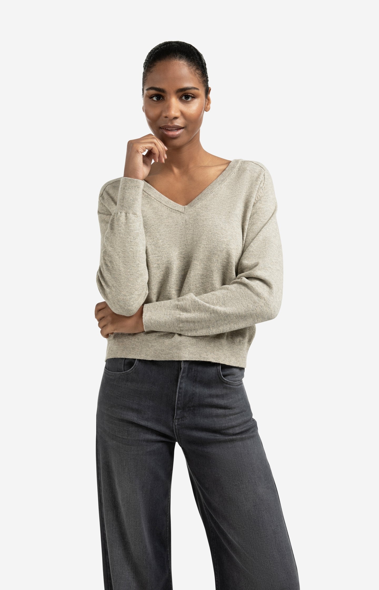 Double V-neck sweater with back button detail