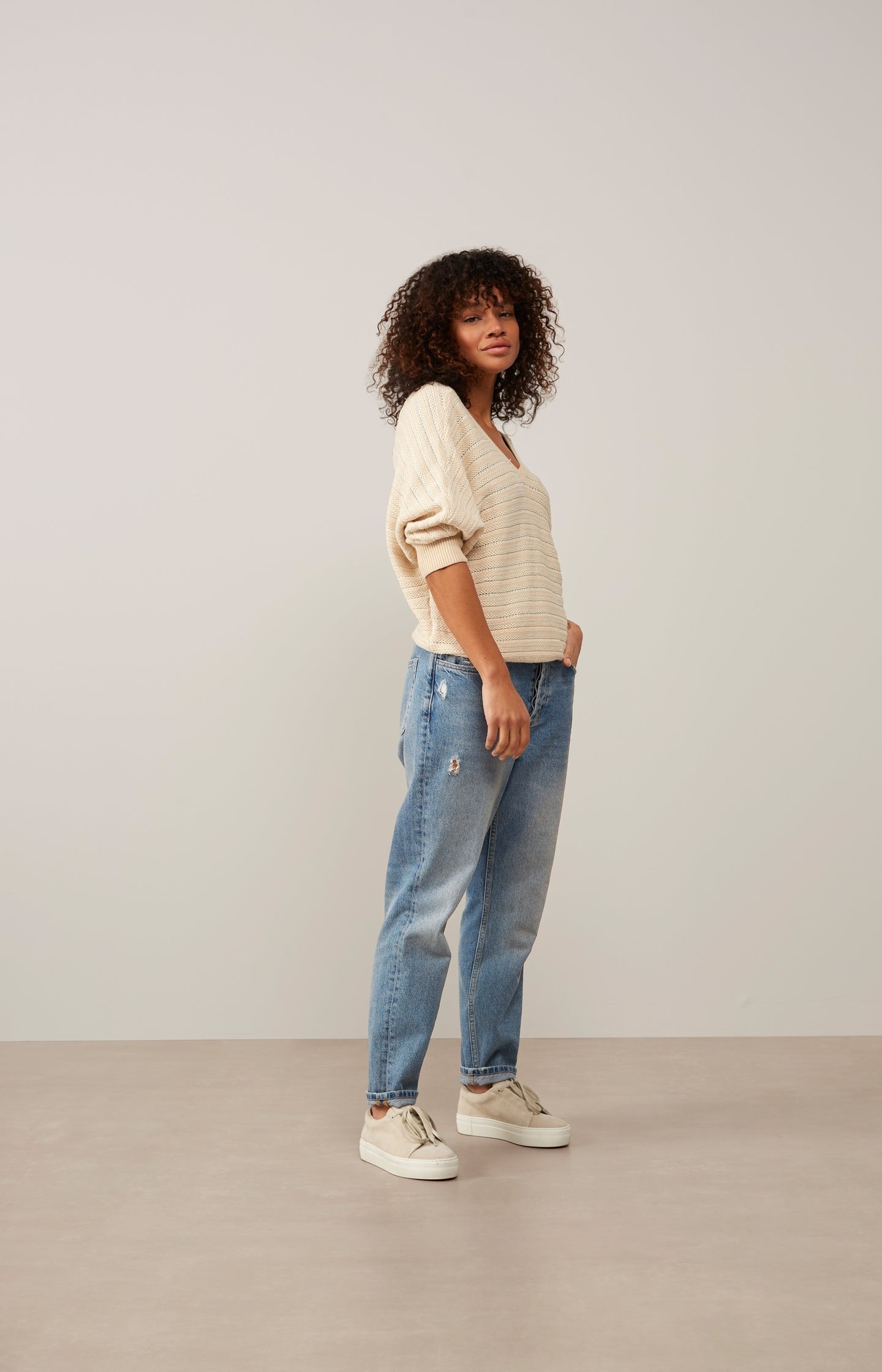 Double V-neck sweater with long sleeves and striped pattern - Type: lookbook