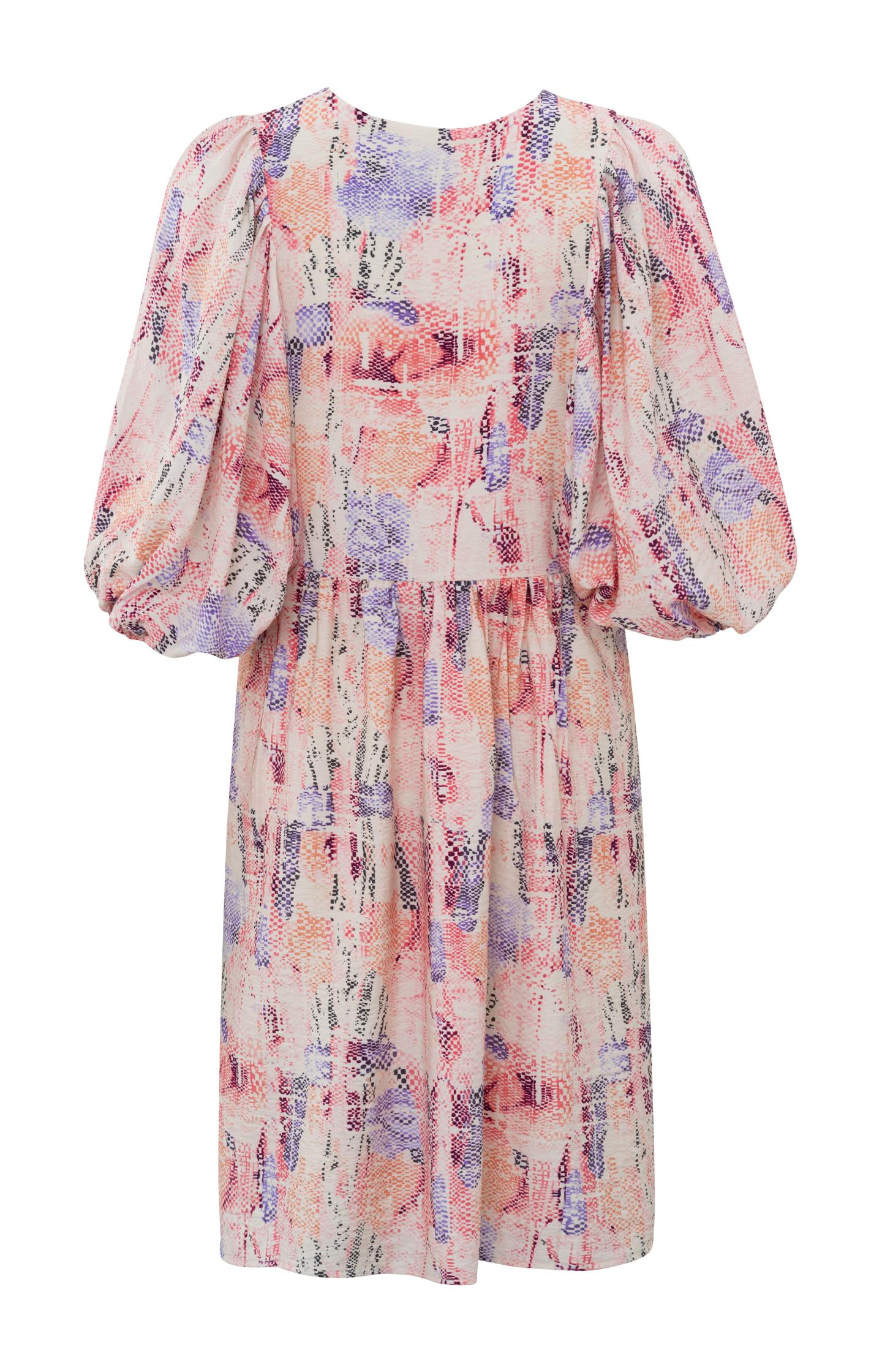 Dress with V-neck, large balloon sleeves and colorful print