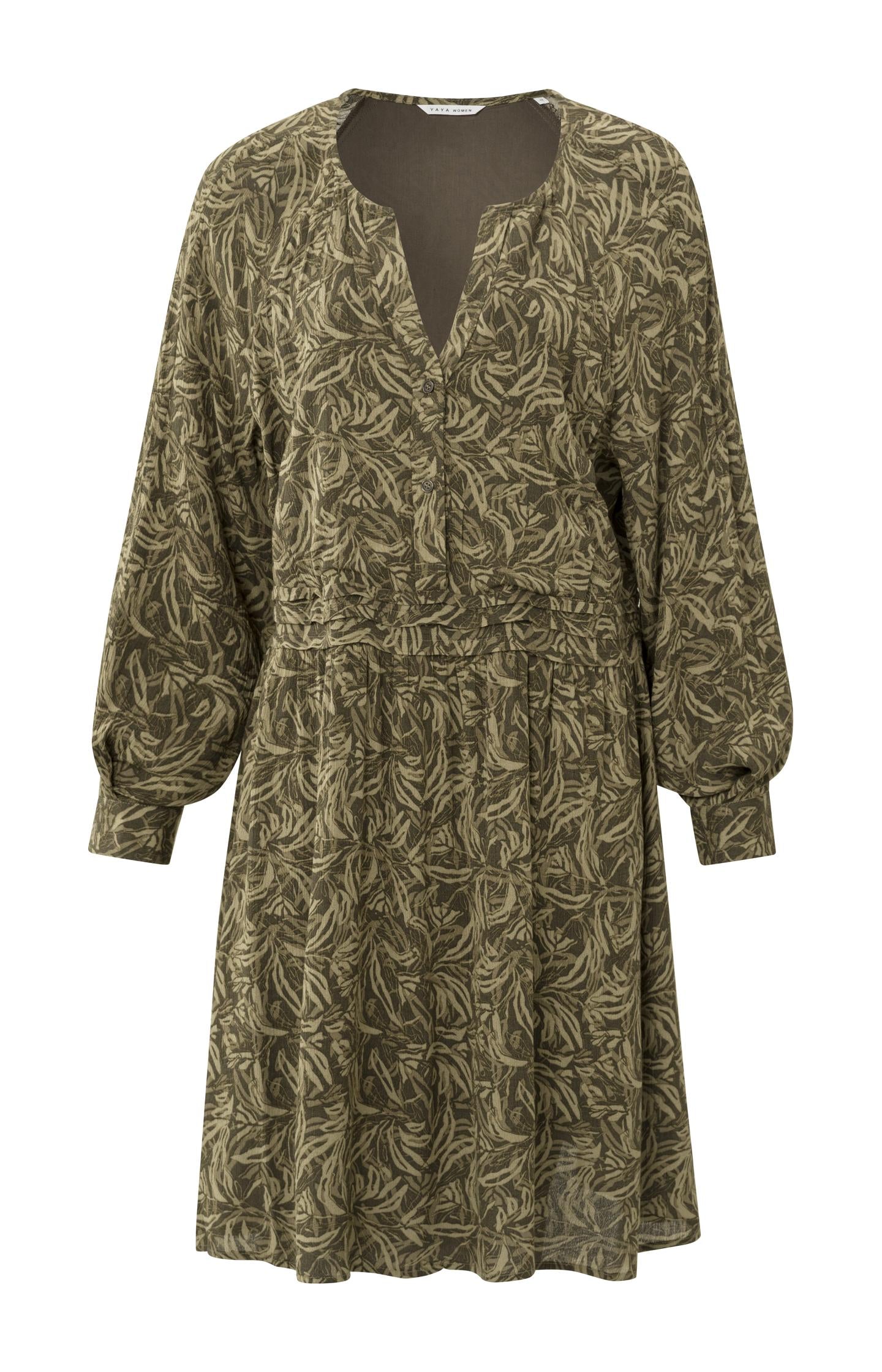 Dress with V-neck, long puff sleeves, buttons and print - Type: product