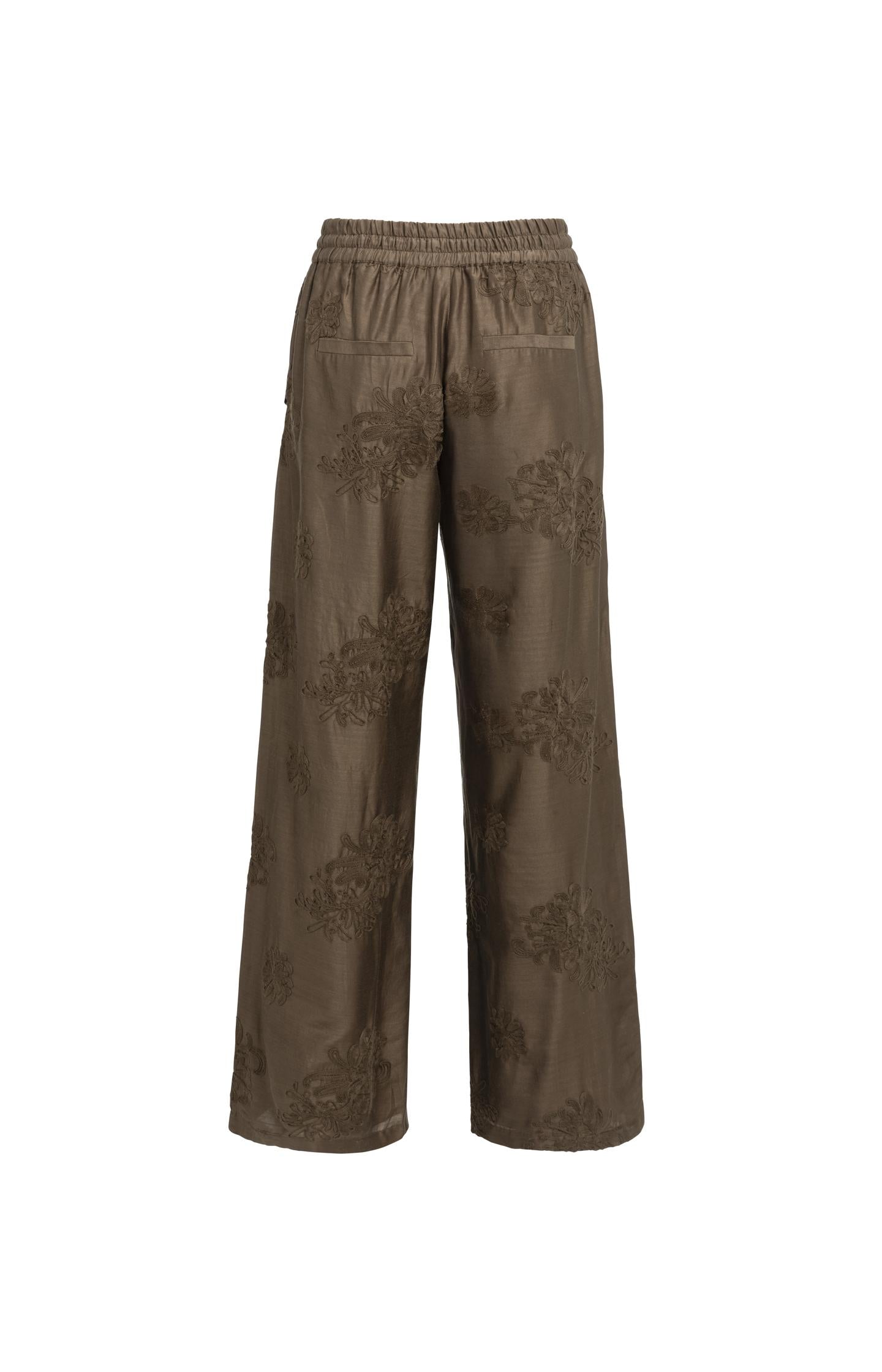 Embroidered trousers with wide legs and elastic waist