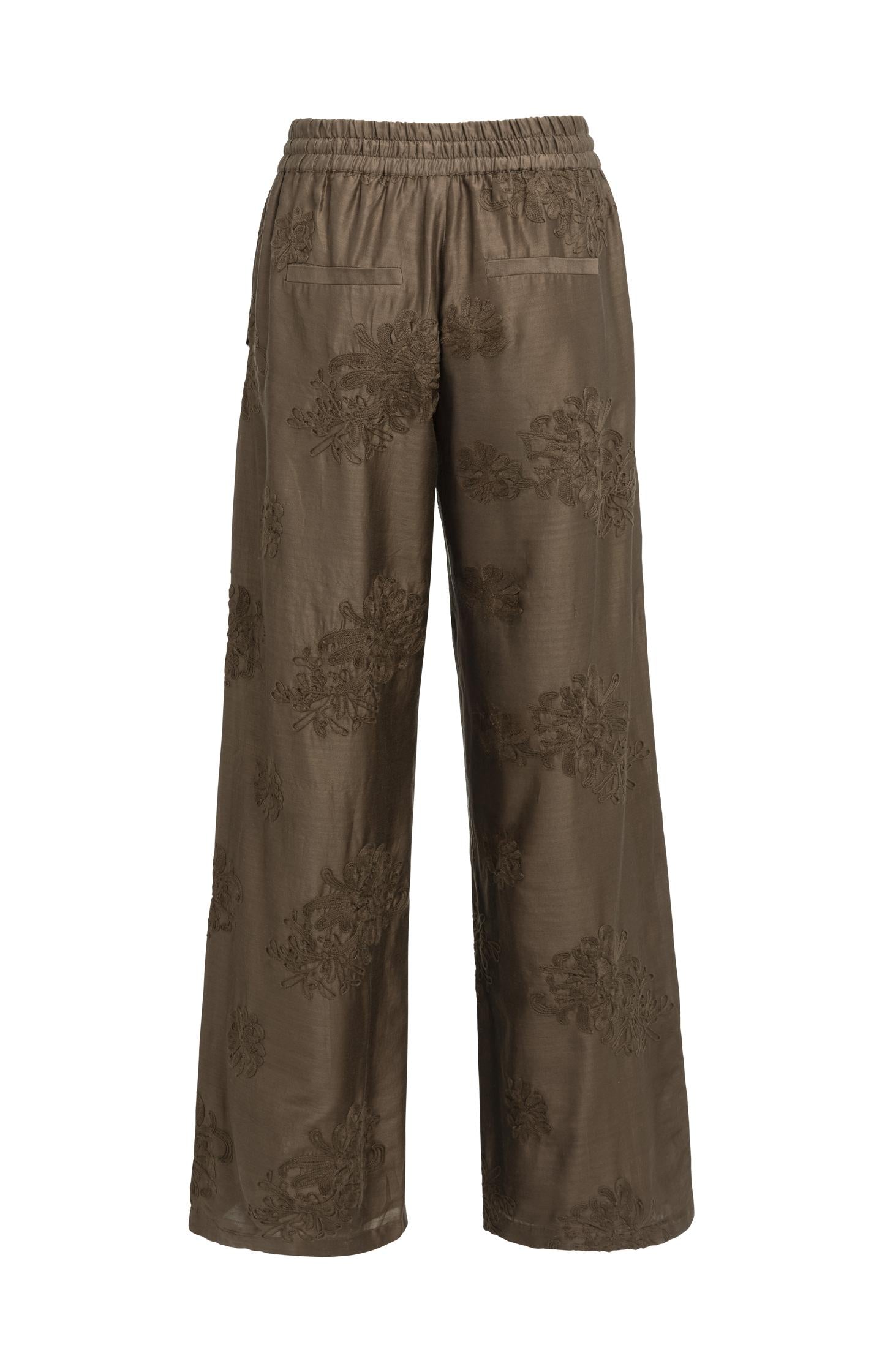 Embroidered trousers with wide legs and elastic waist
