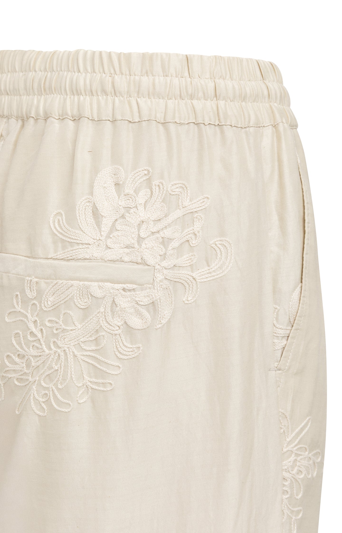 Embroidered trousers with wide legs and elastic waist