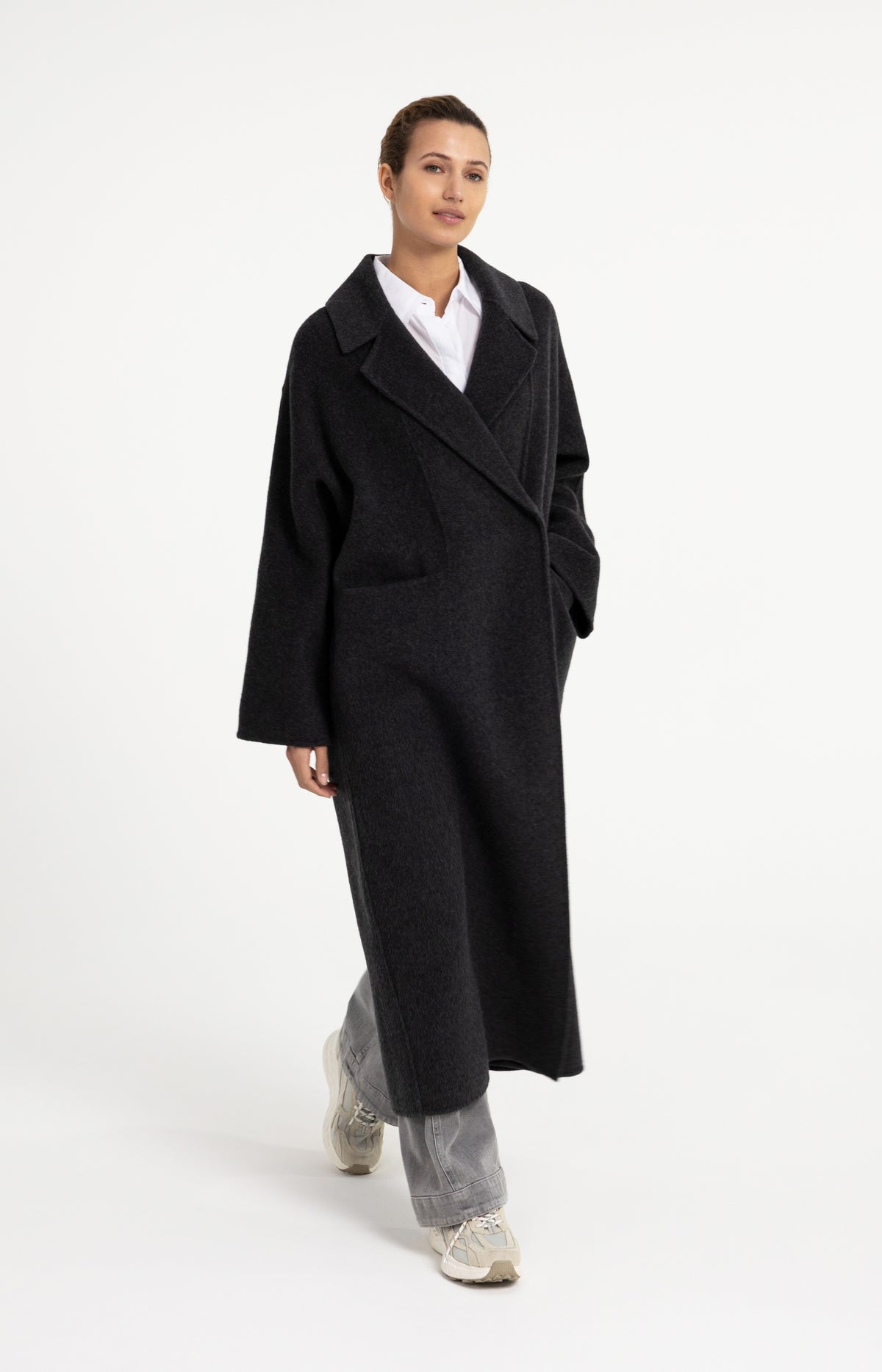 Extra long wool blend coat with oversized fit