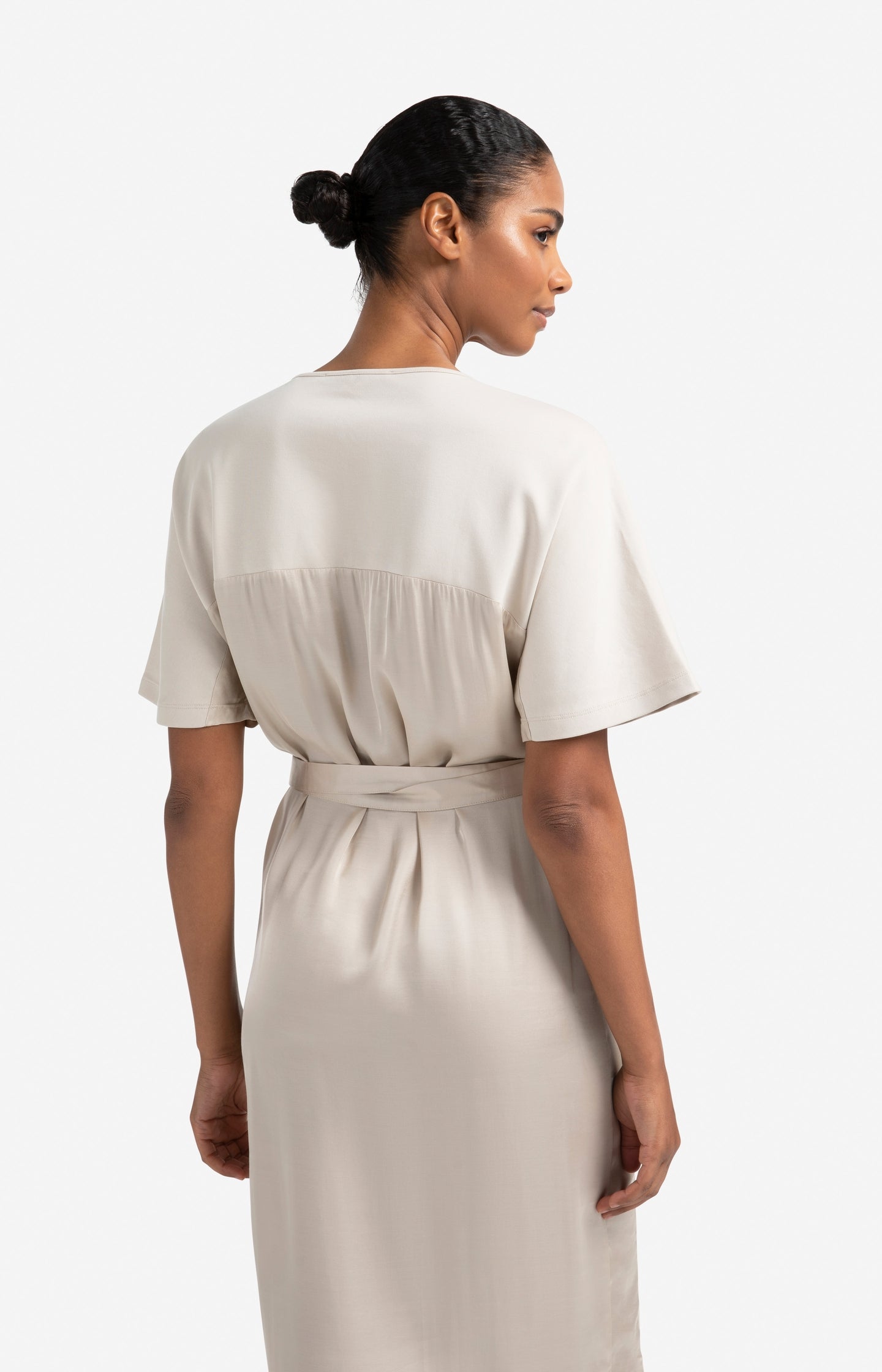 Fabric mix midi dress with tie belt