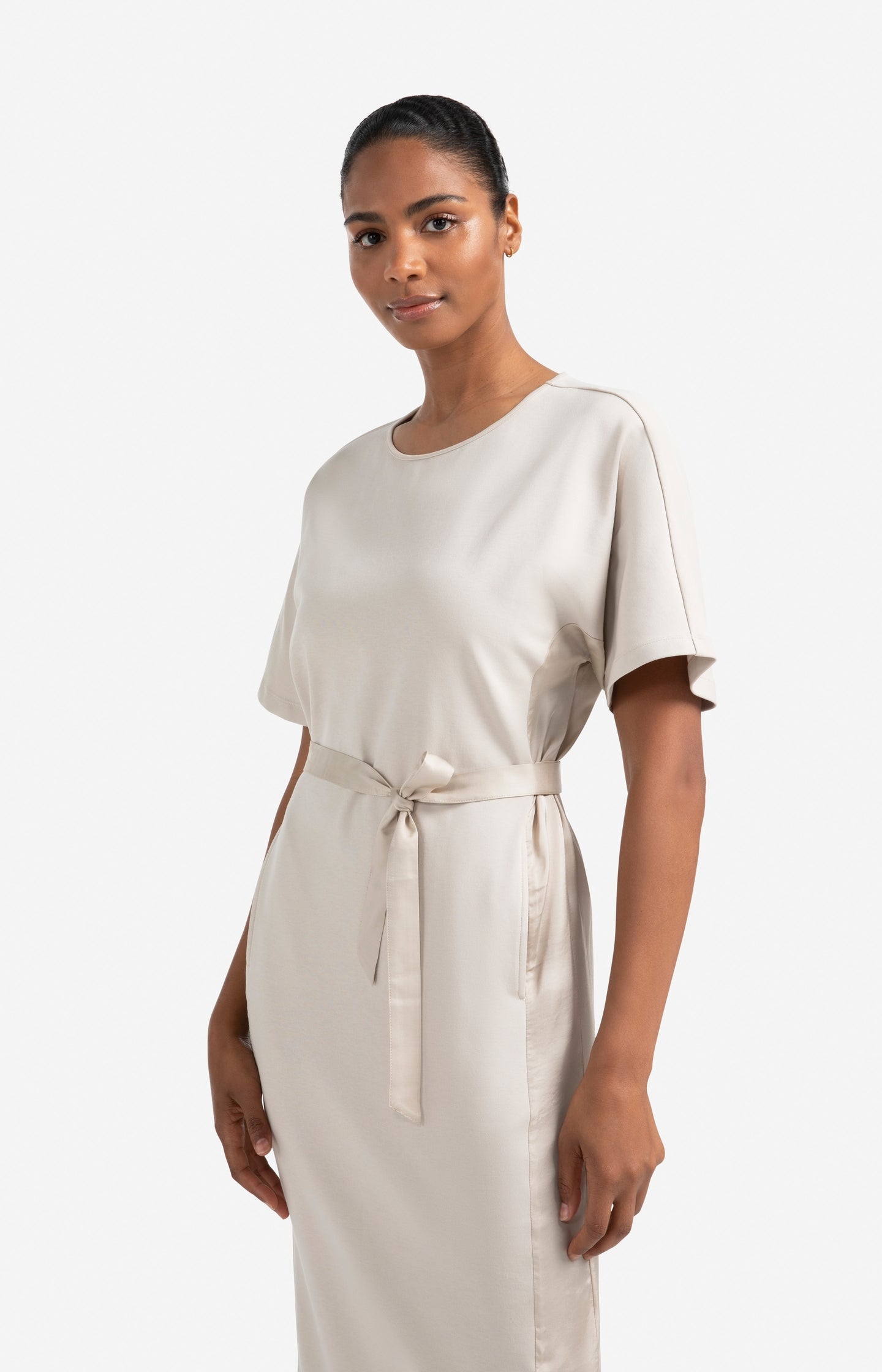 Fabric mix midi dress with tie belt